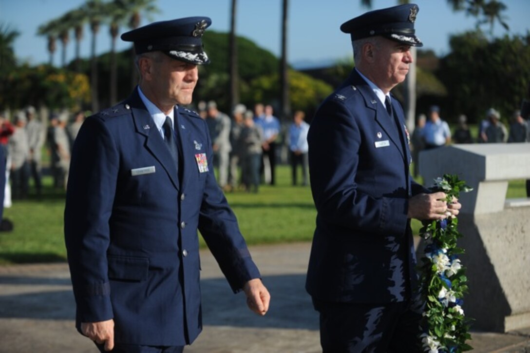 Maj. Gen.  Eric W. Crabtree, 4th Air Force Commander, March Air Reserve
Base, Calif. and Col. Robert A. "Randy" Huston  pay their respects during a
remembrance ceremony at Atterbury Circle, Joint Base Pearl Harbor-Hickam
Dec. 7, 2010. This year marks the 69th anniversary of the Dec. 7, 1941
attacks on Oahu by the Japanese Empire, which in turn, launched the United
States into World War II. (U.S. Air Force Photo/Airman 1st Class Lauren
Main, 15th Wing Public Affairs)
