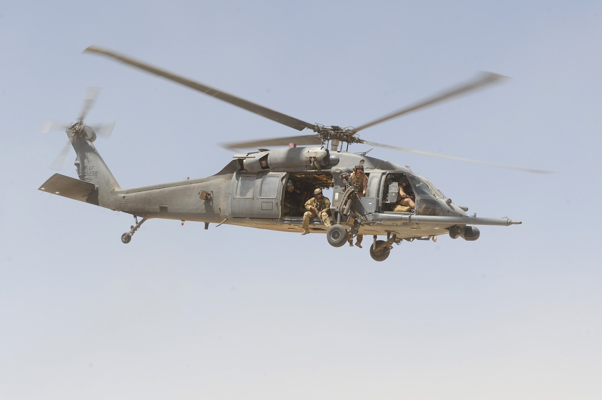 An HH-60G Pave Hawk helicopter crew takes off for an alert mission at Camp Bastion, Afghanistan. The 46th Expeditionary Rescue Squadron recently brought back the ability to take and administer blood to patients on rescue missions, increasing the survival rates for injured warfighters. (U.S. Air Force photo by Tech. Sgt. Chad Chisholm/Released) 