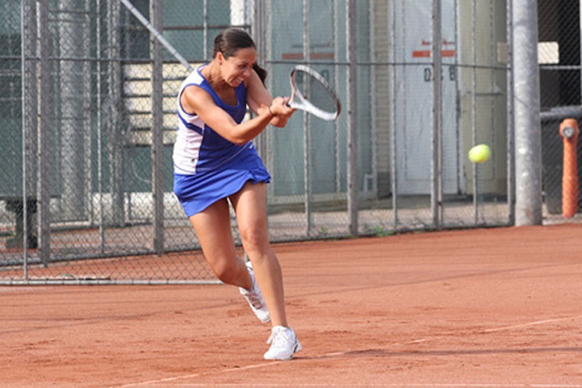 AMSTERDAM -- Staff Sgt. Anixa Almeyda, 15th Intelligence Squadron unit support analyst stationed at Langley Air Force Base, plays in the Headquarters Allied Air Command Tennis Championships Sept. 24. Sergeant Almeyda won the 2010 Air Combat Command Female Athlete of the award for her illustrious tennis accomplishments. (Courtesy photo)(RELEASED)