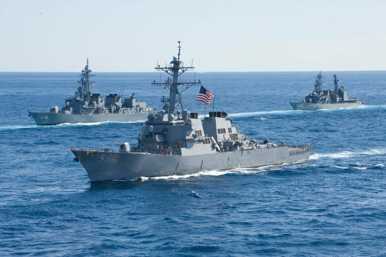 Ships from the U.S. Navy and Japan Maritime Self Defense Force cruise in the Pacific Ocean at the conclusion of exercise Keen Sword, which took place Dec. 3-10. The exchange brought together more than 40,000 U.S. and Japanese military personnel and focused on integrated air and missile defense, base security and force protection, search and rescue, and maritime defense and interdiction. More than 400 aircraft participated in the exercise and were operated bilaterally with at least 60 ships and missile defense equipment.  (U.S. Navy photo)

