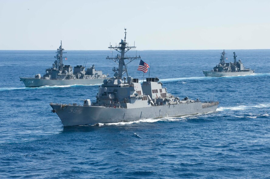 Ships from the U.S. Navy and Japan Maritime Self Defense Force cruise in the Pacific Ocean at the conclusion of exercise Keen Sword, which took place Dec. 3-10. The exchange brought together more than 40,000 U.S. and Japanese military personnel and focused on integrated air and missile defense, base security and force protection, search and rescue, and maritime defense and interdiction. More than 400 aircraft participated in the exercise and were operated bilaterally with at least 60 ships and missile defense equipment.  (U.S. Navy photo)


