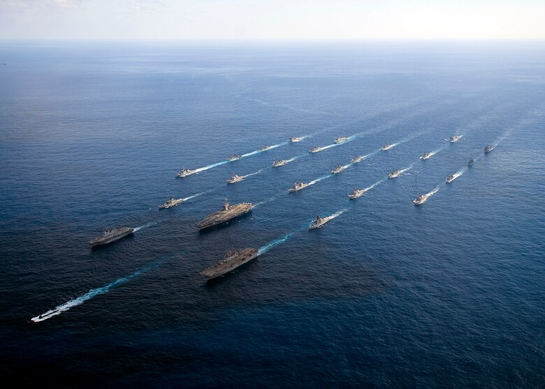A formation of ships from the U.S. Navy and Japan Maritime Self Defense Force cruise in the Pacific Ocean at the conclusion of exercise Keen Sword, which took place Dec. 3-10. Identified as the largest joint, bilateral field training exercise between the two nations in Japan, Keen Sword 11 was designed to allow the two militaries to practice and evaluate the coordination procedures and interoperability elements required to effectively and mutually respond to the defense of Japan, or to a regional crisis or contingency situation in the Asia-Pacific region. (U.S. Navy photo)

