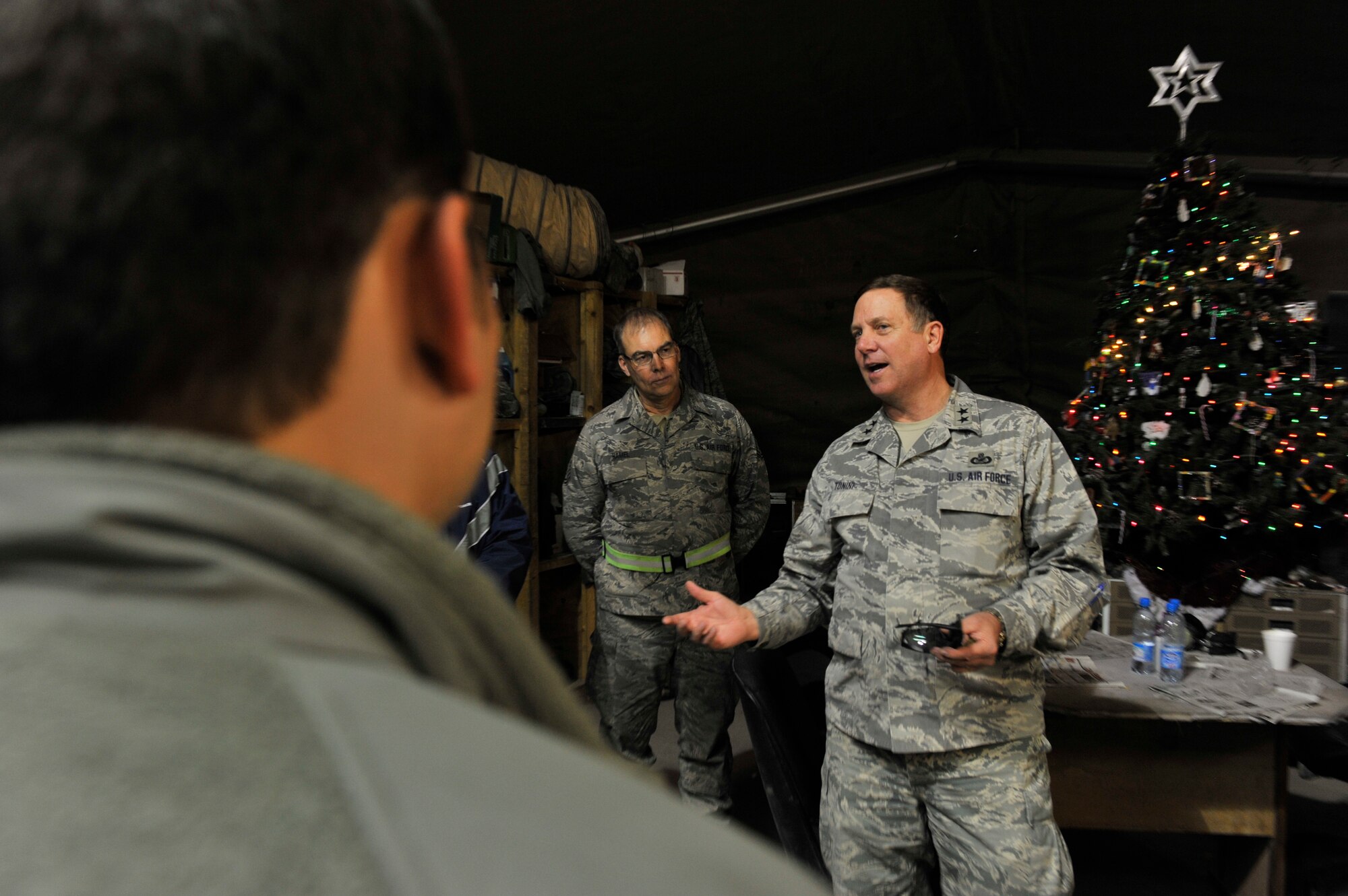 Maj. Gen. Edward Tonini, Adjutant General of Kentucky, speaks with Guardsmen from his home state during a visit to Bagram Airfield, Afghanistan, Dec. 8, 2010. General Tonini serves as the Commanding General of both the Kentucky Army and Air National Guard.  (U.S. Air Force photo/Staff Sgt. Christopher Boitz)