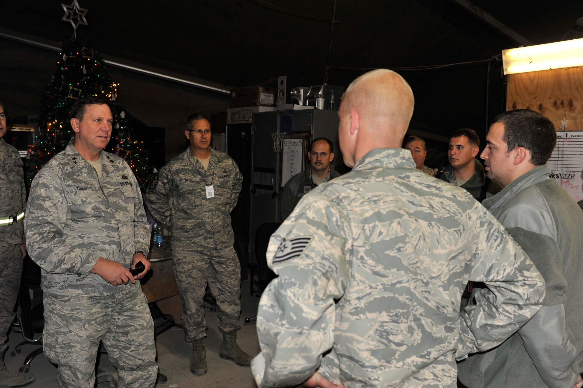 Maj. Gen. Edward Tonini, Adjutant General of Kentucky, speaks with Guardsmen from his home state during a visit to Bagram Airfield, Afghanistan, Dec. 8, 2010. General Tonini serves as the Commanding General of both the Kentucky Army and Air National Guard.  (U.S. Air Force photo/Staff Sgt. Christopher Boitz)
