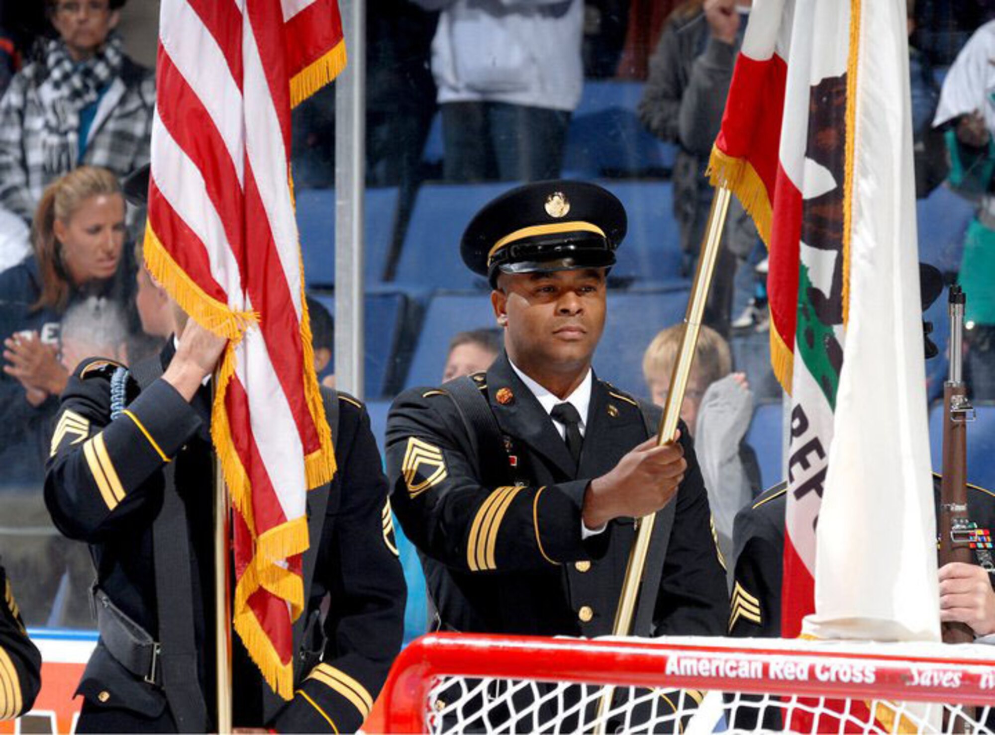 Servicemembers from March ARB attend an Ontario Reign hockey game as guests and color guard. (Photo courtesy of Ontario Reign)
