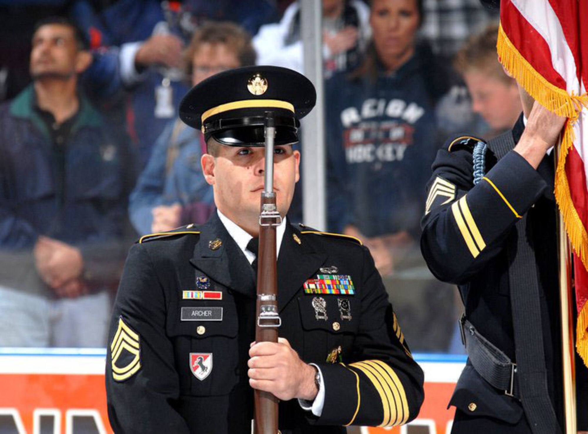 Servicemembers from March ARB attend an Ontario Reign hockey game as guests and color guard. (Photo courtesy of Ontario Reign)
