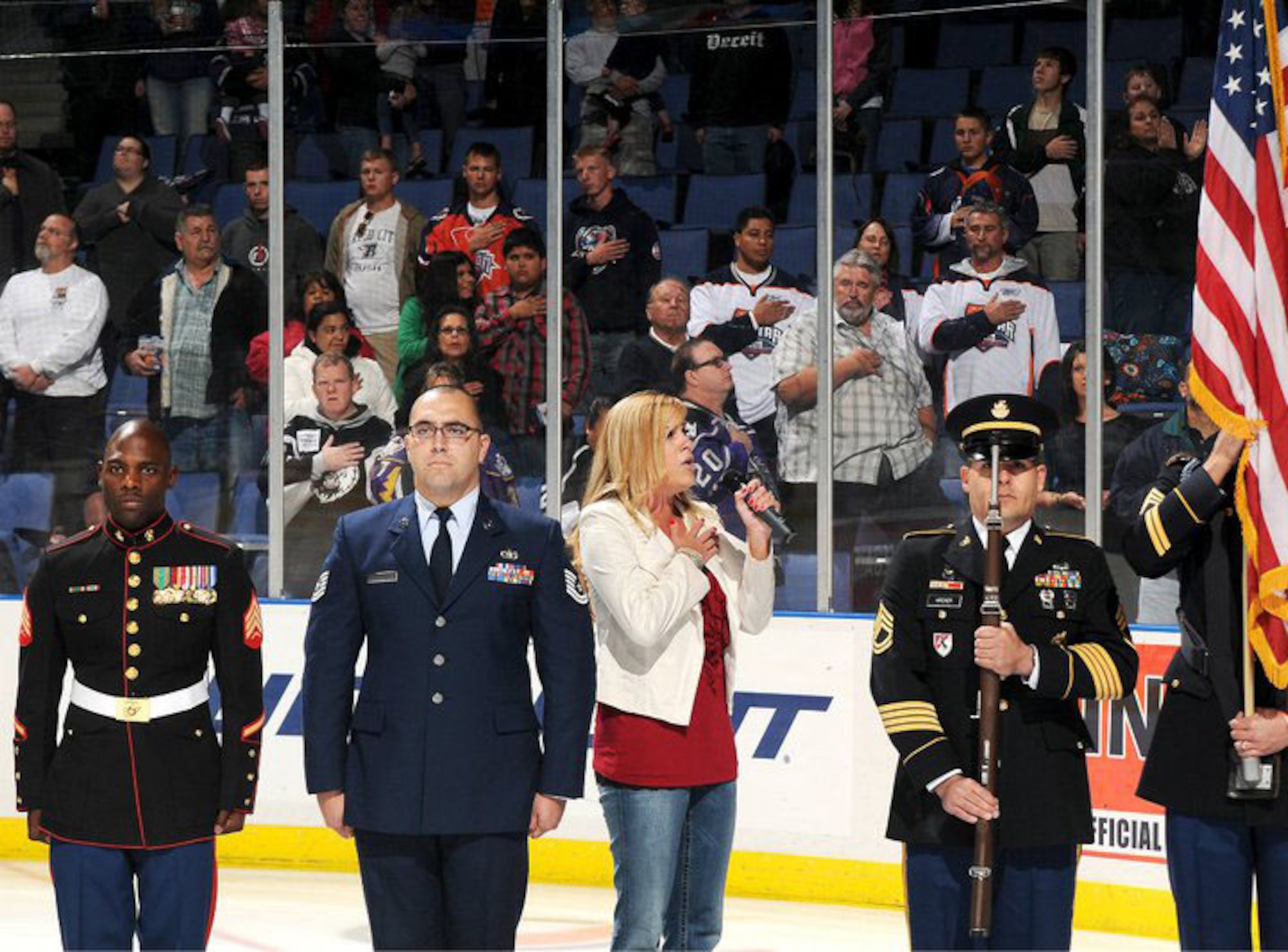 Servicemembers from March ARB attend an Ontario Reign hockey game as guests and color guard. (Photo courtesy of Ontario Reign)
