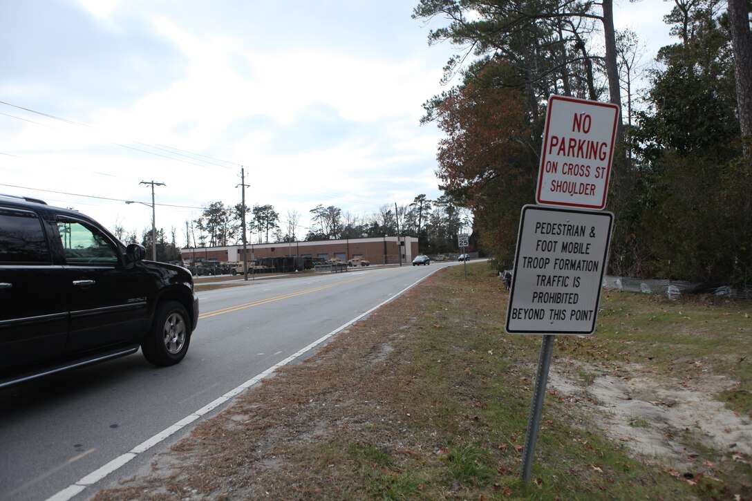 MARINE CORPS BASE CAMP LEJEUNE, N.C. - A sign warns pedestrians not to enter Cross Street from McHugh Boulevard to Julian C Smith Road. Cross Street is currently closed to pedestrians due to the risks that the construction site and traffic may pose to them.