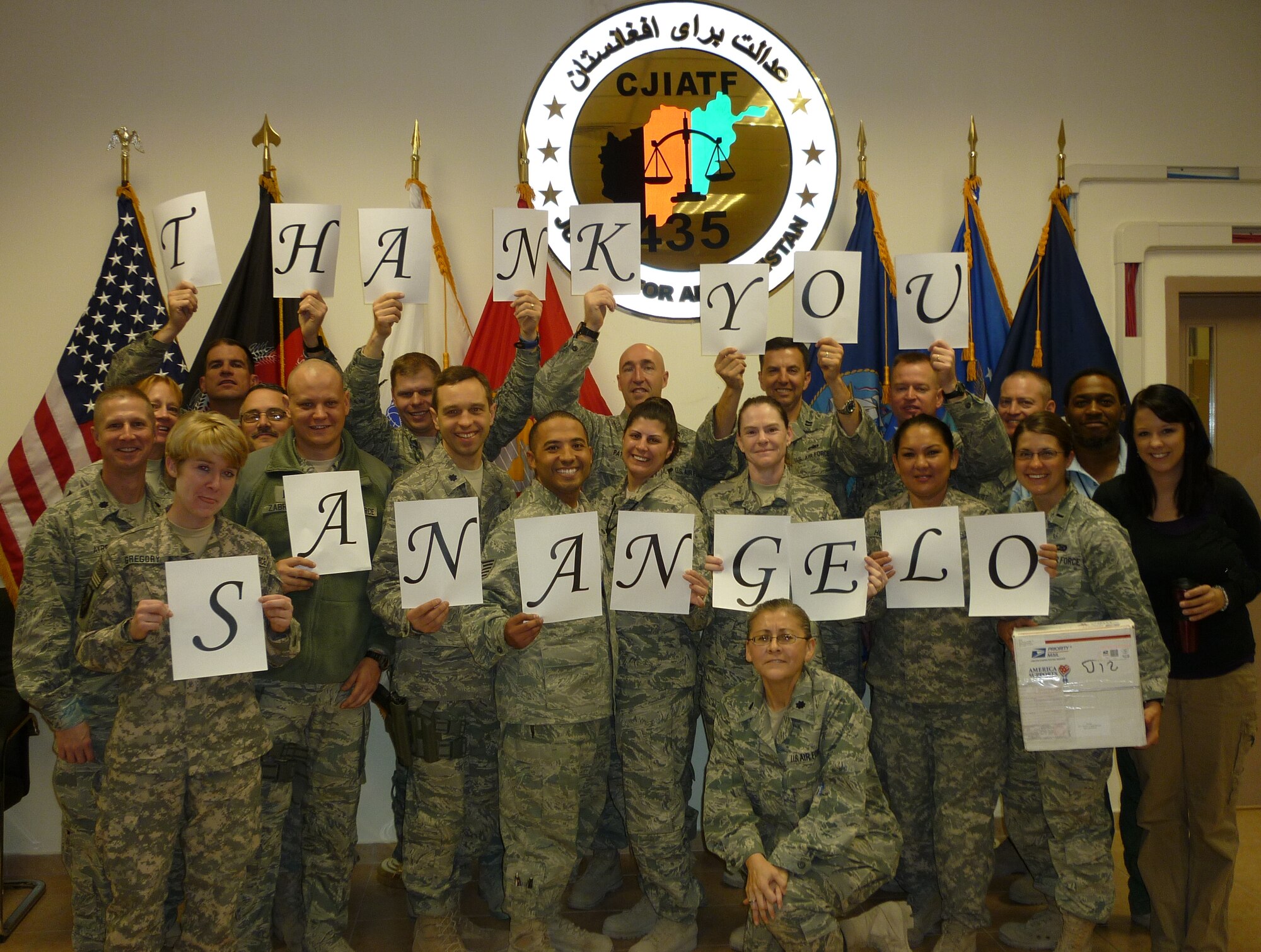 KABUL, Afghanistan -- Members of Combined Joint Interagency Task Force-435 received more than 30 packages from Goodfellow Air Force Base and the San Angelo community as part of the Christmas For Our Troops Program which helps make the holiday season while deployed a little more enjoyable.  (Courtesy photo)