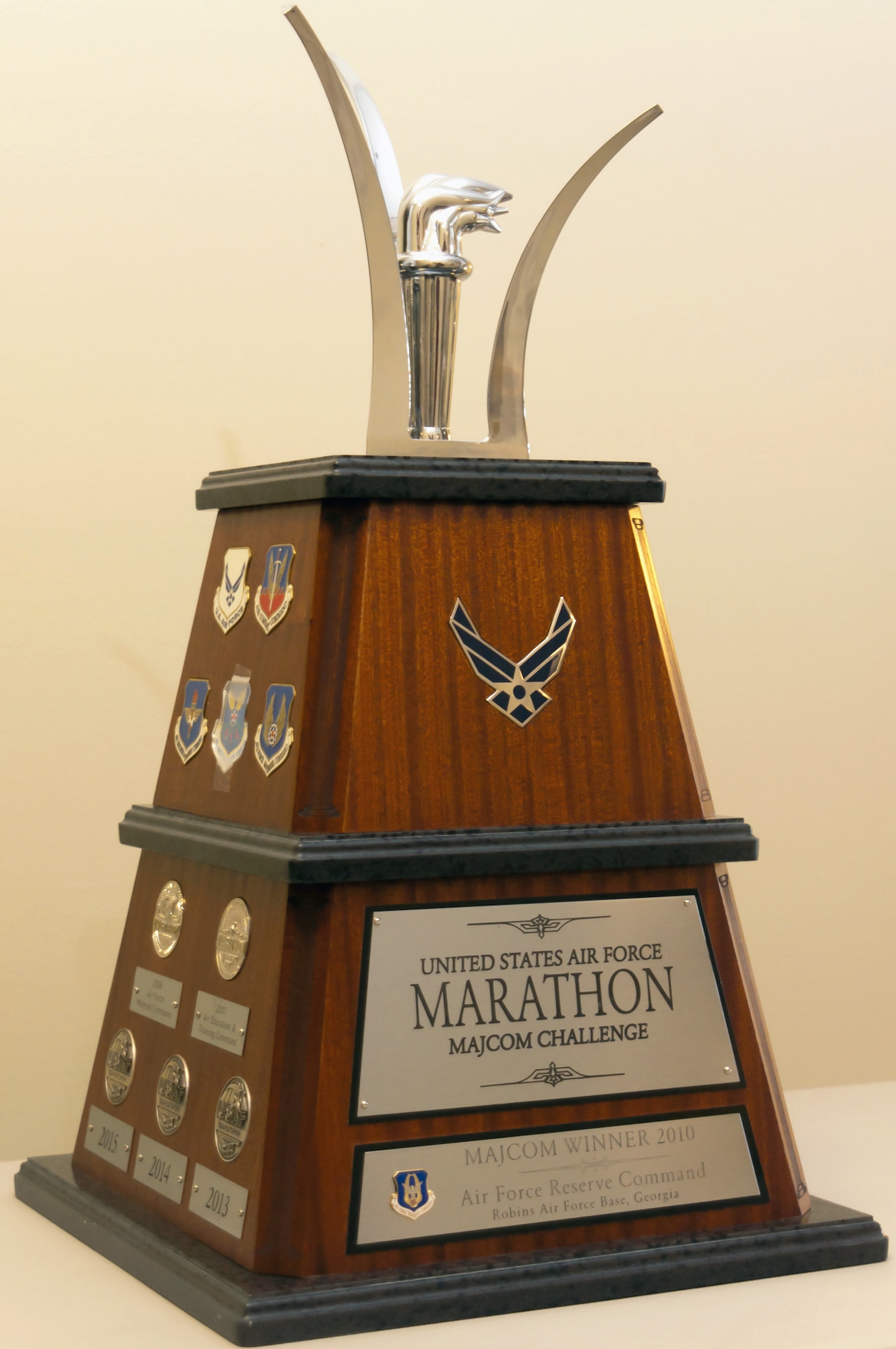 The Air Force Marathon Trophy now resides at Headquarters Air Force Reserve Command at Robins Air Force Base, Ga. AFRC won the 2010 marathon honors for having the best participation in the event. The competition is based on a point system, which factors in both participation and performance in the full- and half-marathon and determines which major command in the Air Force has the best long-distance runners. (U.S. Air Force photo/Staff Sgt. Alexy Saltekoff)