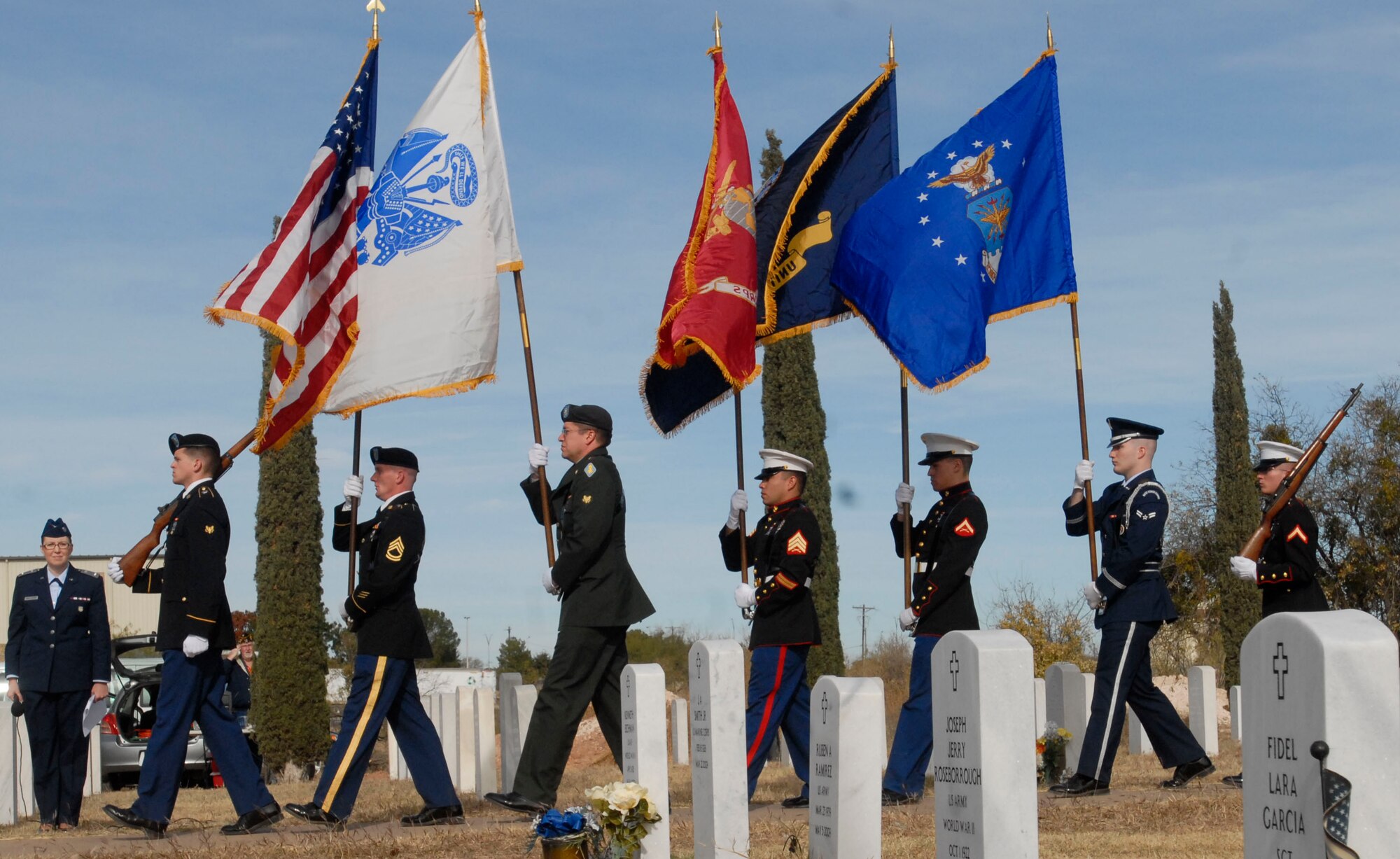 SAN ANGELO, Texas – Goodfellow’s Joint Service Color Guard participates in the National Wreaths Across America Ceremony at the Belvedere Cemetery in San Angelo Dec. 11.  Wreaths Across America was formed in 2007 to promote veterans remembrance.  Wreaths are placed on veterans graves during the holiday season.  (U.S. Air Force photo/Kent Cummins)