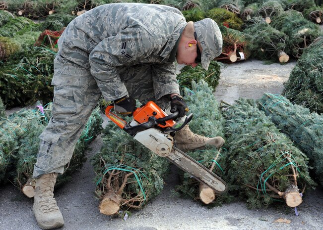 NELLIS AIR FORCE BASE, Nev.-- Airman 1st Class Kyle Sole, a heavy equipment operator from the 99th Civil Engineer Squadron, cuts the ends off Christmas trees at the base chapel during the Trees for Troops giveaway Dec. 10. Trees for Troops, a charity program sponsored by the Christmas SPIRIT Foundation and FedEx, donated more than 650 Christmas trees to Nellis and Creech Airmen and their families.  (U.S. Air Force photo by Airman 1st Class Matthew Lancaster)