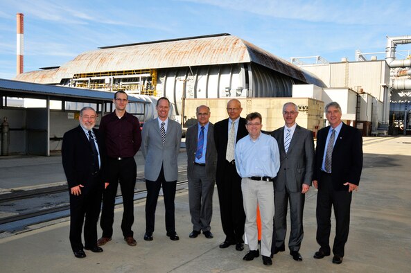 From left:  Posing for an informal photo are Tom Best, AEDC director of engineering and technical management; Dr. Raymond Bergmann, instrumentation scientist, DNW; Dr. Martin Bruse, head of measurement techniques, DNW; Dr. Karl Bock, Business unit manager, DNW; Jack Walters, deputy chief of the propulsion wind tunnel ground test complex, AEDC; Iwan Philipsen, DNW’s head of HST and Instrumentation; Dr Georg Eitelberg, DNW director; and Tim Marshall, NASA headquarters deputy director of the aeronautics test program. The group visit to AEDC took place Nov 8 and 9. (Photo by Rick Goodfriend)