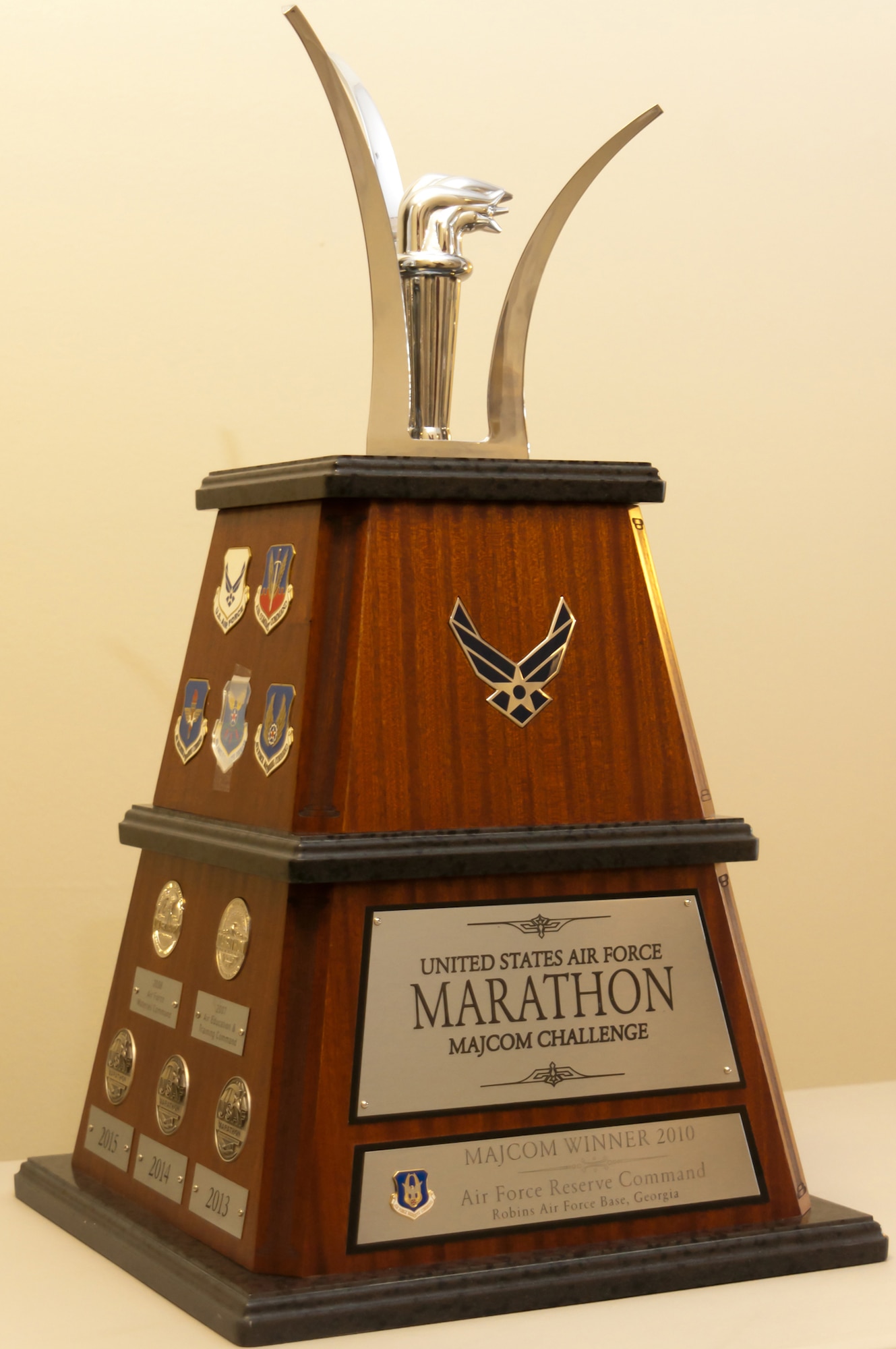 The Air Force Marathon Trophy now resides at Headquarters Air Force Reserve Command at Robins Air Force Base, Ga. AFRC won the 2010 marathon honors for having the best participation in the event. The competition is based on a point system which factors in both participation and performance in both the full- and half-marathon events and determines which major command in the Air Force has the best long-distance runners. (U.S. Air Force photo/Staff Sgt. Alexy Saltekoff)