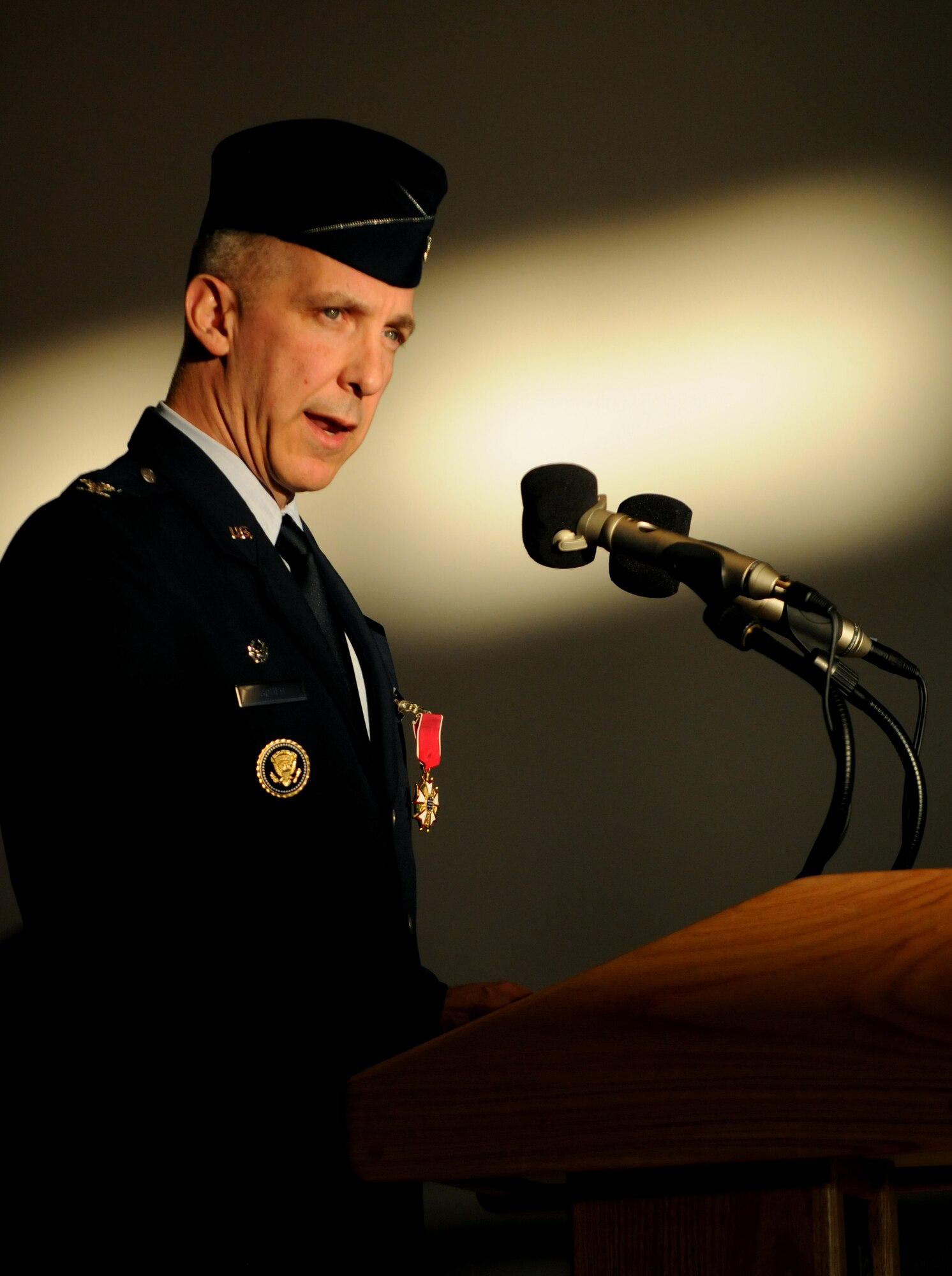 U.S. Air Force Col. Thomas Gould, out-going commander of the 435th Air Ground Operations Wing, gives his farewell speech during the change of command ceremony held on Ramstein Air Base, Germany, Dec. 13, 2010. (U.S. Air Force photo by Staff Sgt. Nathan Lipscomb)