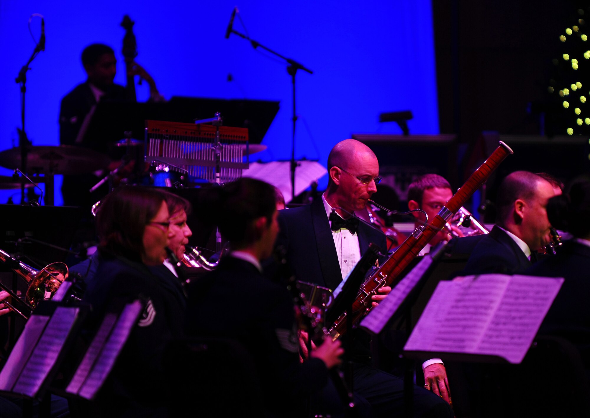 OFFUTT AIR FORCE BASE, Neb. ?The Heartland of America Band?s Brass in Blue ensemble perform at the ?Christmas in Reel Time? annual holiday concert held at the Holland Performing Arts Center in downtown Omaha, Dec. 9.  The five-day concert series is comprised of six shows that usually find the Holland center at full capacity.  U.S. Air Force Photo by Josh Plueger