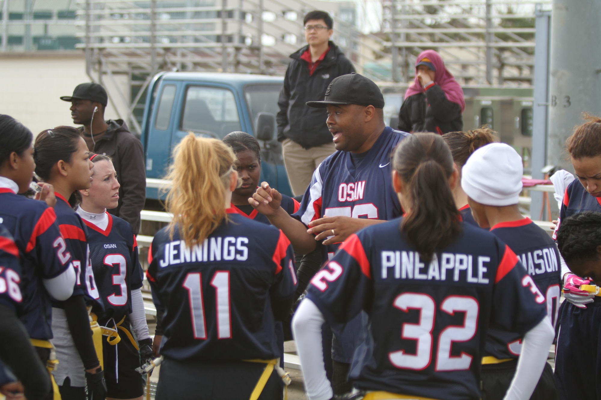 Lady Mustangs Coach Eric Long motivates his players at halftime during a playoff game Dec. 5. (Courtesy photo)