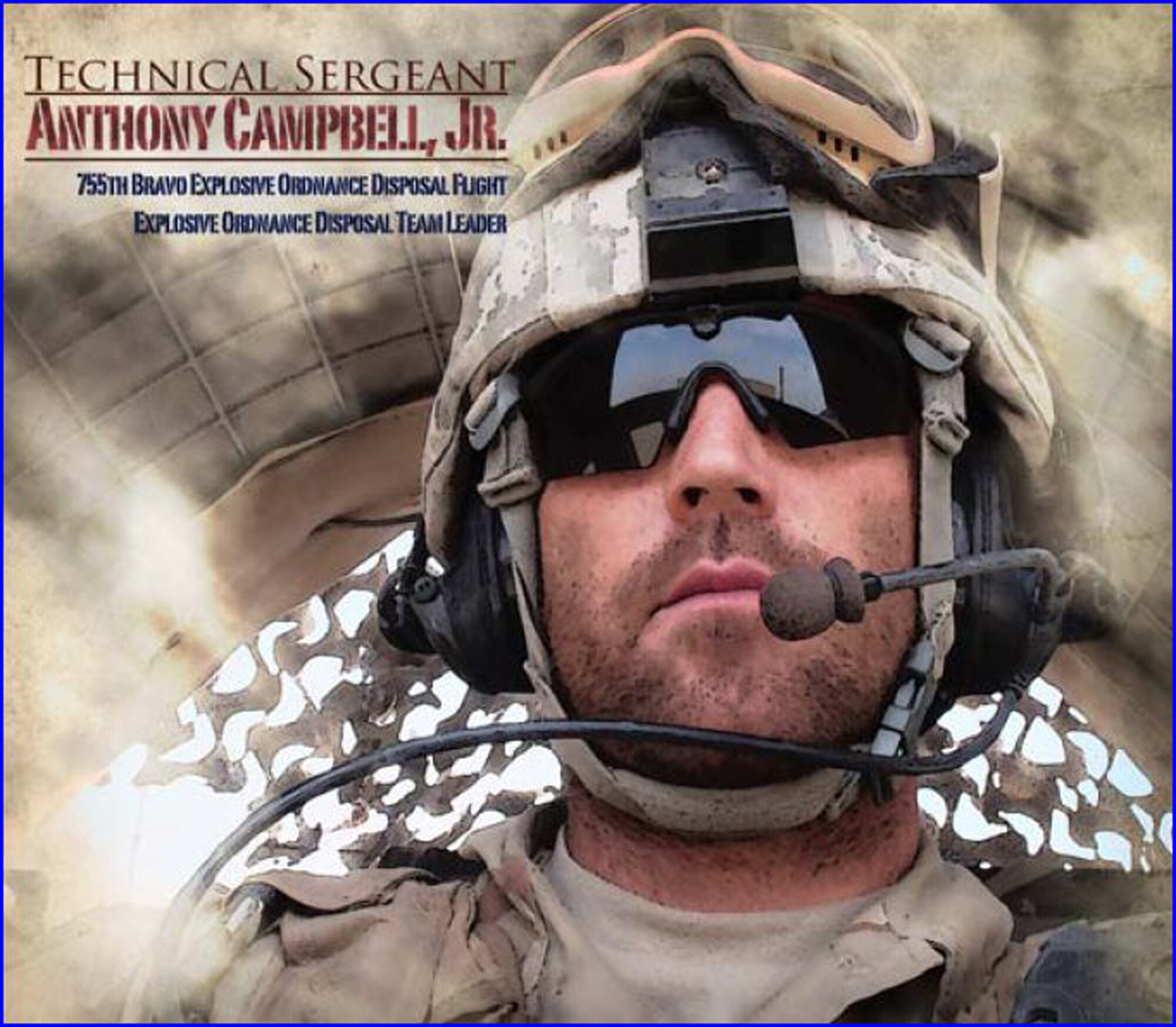 Tech Sgt. Anthony Campbell Jr., an explosive ordnance disposal specialists from the Air Force Reserve Command's 932nd Civil Engineer Squadron, Scott Air Force Base, Ill., is honored in Volume V of 'Portraits in Courage," now available on the Air Force Public Web. (U.S. Air Force graphic illustration)