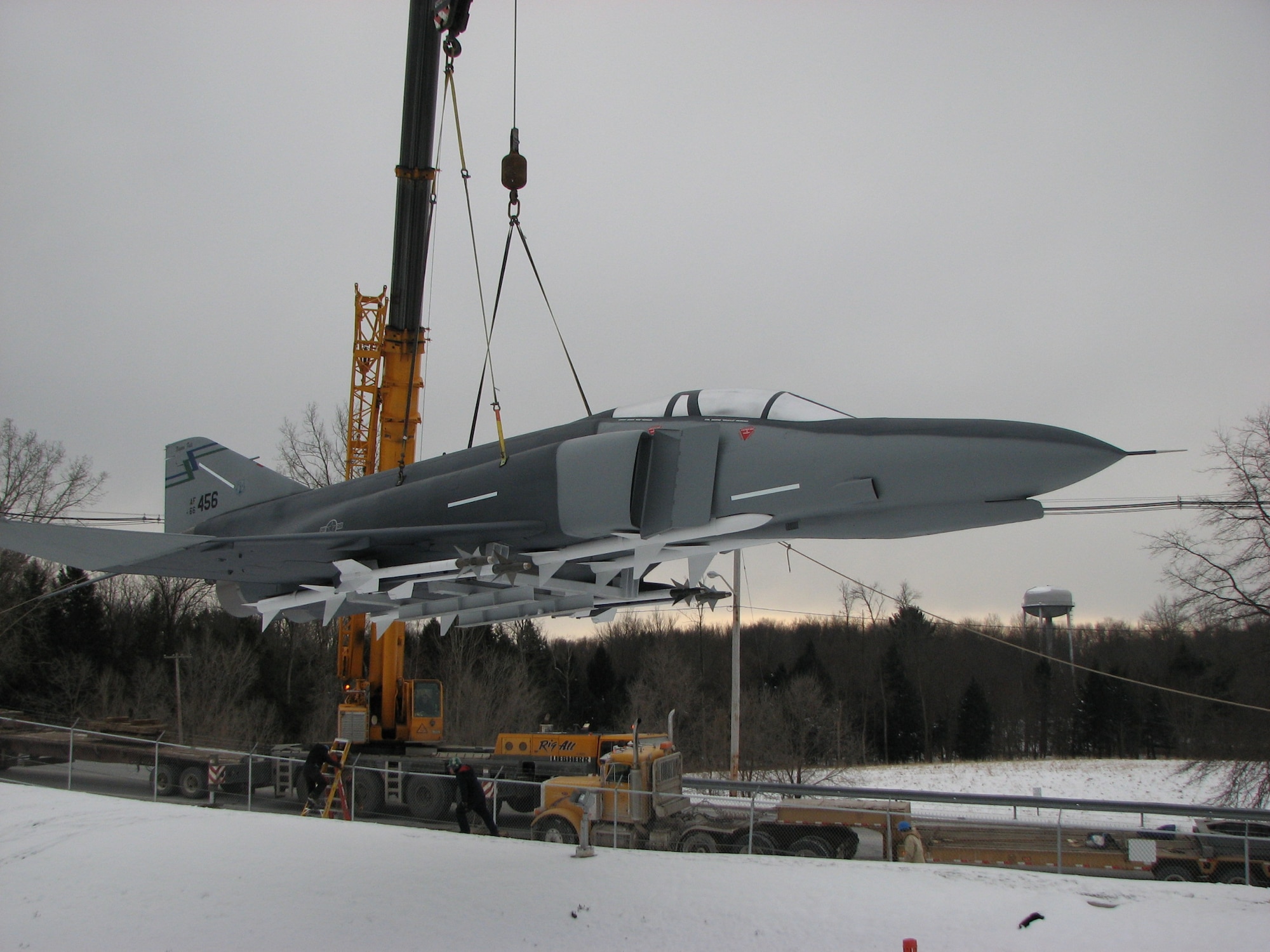 Workers craned a restored F-4 Phantom II jet onto its pedestal Friday afternoon at the Eastern Air Defense Sector in Rome, N.Y. One of the most renowned combat planes in the Air Force inventory, the F-4 was used extensively in Vietnam and saw service in Desert Storm before being retired in 1996. 