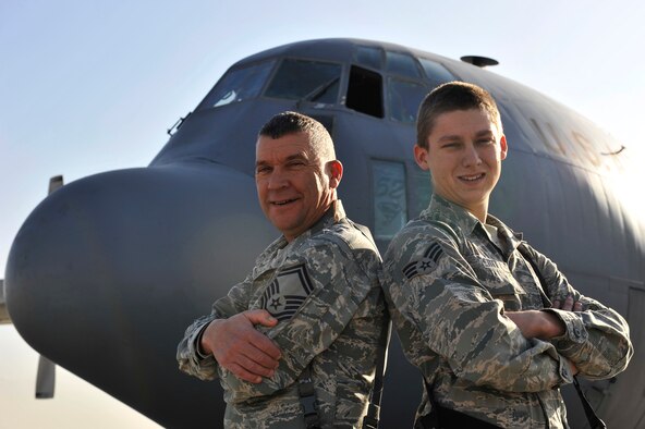 Senior Master Sgt. Eldon King, 455th Air Expeditionary Wing ground safety superintendent, and Senior Airman Skyler Petitt, a C-130 Hercules crew chief assigned to the 774th Air Expeditionary Airlift Squadron, stand together at Bagram Airfield, Afghanistan, Dec. 12, 2010. The grandfather and grandson are natives of St. Joseph, Mo., and are serving their last and first deployments respectively together.