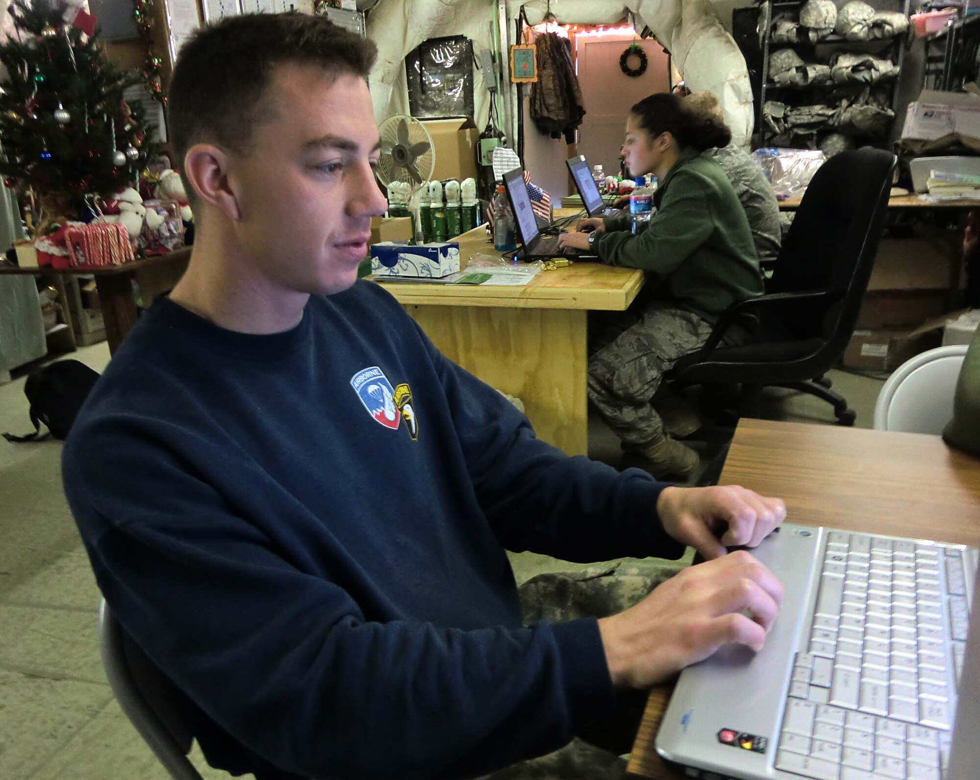 Army Staff Sergeant Kris Sapp, a 101st Airborne Division fire support specialist, uses a computer on the morale network at the 455th Contingency Aeromedical Staging Facility.  Sergeant Sapp was wounded in Afghanistan?s Ghazni province as the result of an improvised explosive device attack.  He expressed his and his family?s gratitude that he was able to communicate with his loved ones through the new system during his stay in the CASF.  (U.S. Air Force Photo/Capt. Erick Saks)