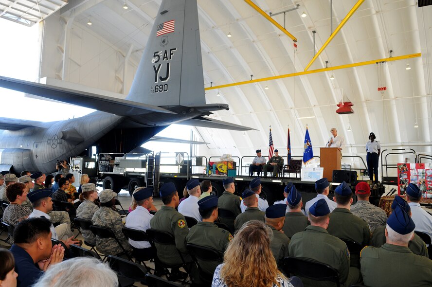 Col. Paul ?Otto? Feather, 374th Airlift Wing commander, Yokota Air Base, Japan, addresses the audience during the Operation Christmas Drop Push Ceremony at Andersen Air Force Base, Guam, Dec. 13.  Operation Christmas Drop is the Air Force?s longest-running humanitarian which began in 1952. Airmen today continue the tradition delivering supplies to remote islands of the Commonwealth of the Northern Marianas Islands, Yap, Palau, Chuuk and Pohnpei.  (U.S. Air Force photo/ Senior Airman Nichelle Anderson)