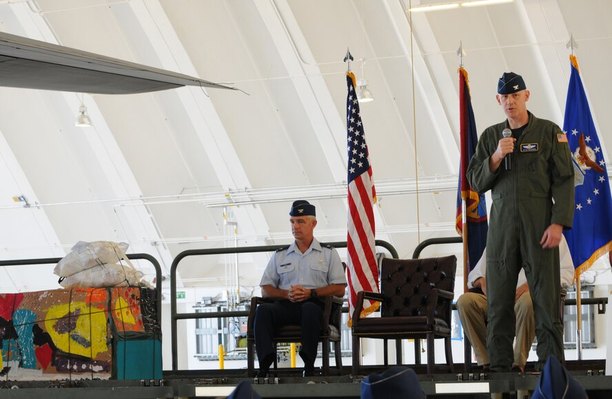 Col. Paul ?Otto? Feather, 374th Airlift Wing commander, Yokota Air Base, Japan, addresses the audience during the Operation Christmas Drop Push Ceremony at Andersen Air Force Base, Guam, Dec. 13.  Operation Christmas Drop is the Air Force?s longest-running humanitarian which began in 1952. Airmen today continue the tradition delivering supplies to remote islands of the Commonwealth of the Northern Marianas Islands, Yap, Palau, Chuuk and Pohnpei.  (U.S. Air Force photo/ Senior Airman Nichelle Anderson)