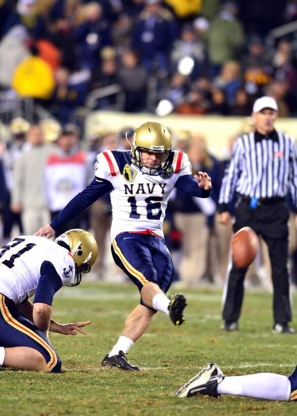 Naval Academy place kicker Joe Buckley kicks the football during pre-game practice in preparation for the 111th Army Navy game at Lincoln Financial Field in Philadelphia Dec. 11, 2010. 