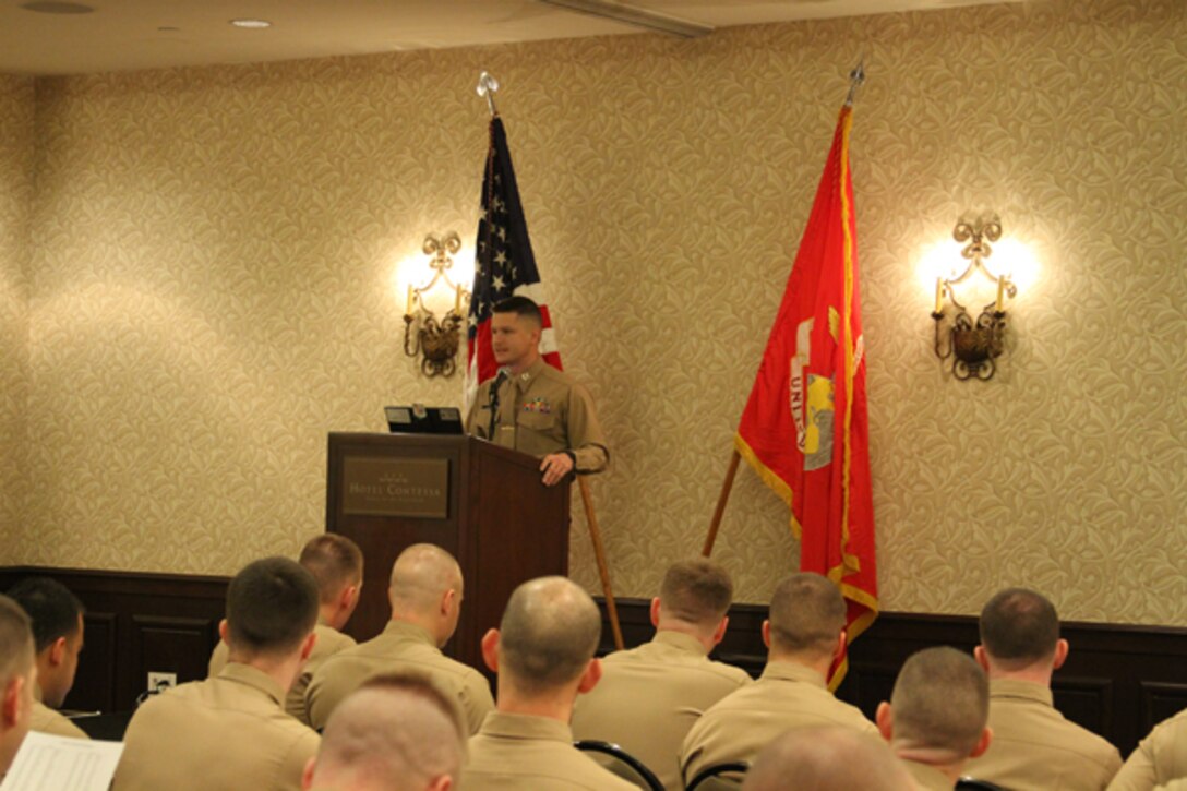 Captain Jeffery Tew, National Training Team officer recruiting trainer, Marine Corps Recruiting Command, opens up the first day of the National Officer Selection Officer conference for the attendees. Over the three day conference, officer selection officers from around the nation shared strategies, voiced concerns and gained familiarity with new programs and skills.