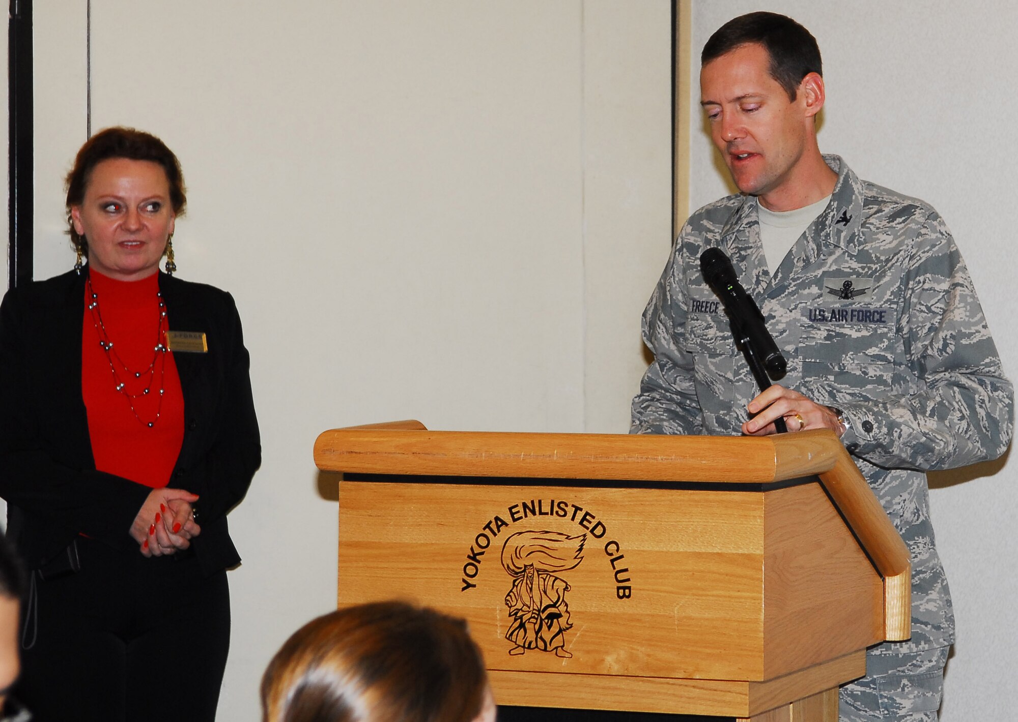 YOKOTA AIR BASE, Japan -- Col. Todd Freece, 374th Mission Support Group commander, gives a speech to thank both students and their mentors for their hard work at the job shadow luncheon here, Dec. 14.  Students followed professionals in the job of their interest for 2.5 hours to get an idea of what the job is like. (U.S. Air Force photos/Airman 1st Class Lynsie Nichols)