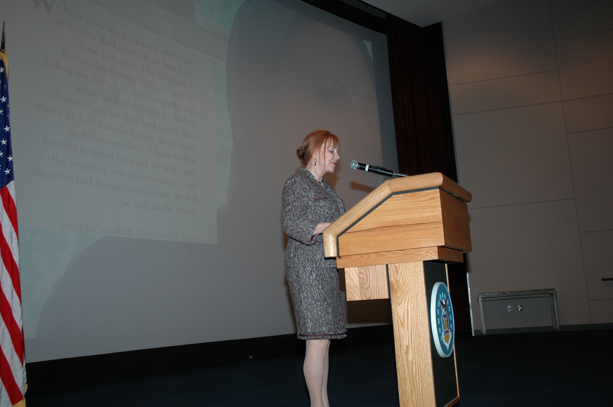 Author Melissa Pritchard speaks to more than 750 Air Force Institute of Technology students and spouses at AFIT's Kenney Hall, Wright-Patterson Air Force Base, Ohio on Dec. 10, 2010. Ms. Pritchard was invited by the AFIT commandant to share her experiences covering female military members while embedded with the Panjshir  Provincial Reconstruction Team in Afghanistan in January 2009. Ms. Pritchard highlighted her close relationship with Senior Airman Ashton Goodman, who was later killed in action on May 26, 2009.  Ms. Pritchard is professor of English and Women's Studies at Arizona State University and is founder of the Ashton Goodman Grant.  (U.S. Air Force photo/Robert Memering)