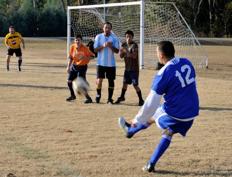 Valdosta, Ga. -- Eder Zegarra from Moody Air Force Base, Ga. shoots a penalty shot after being fouled during a game against Quitman, Ga. Dec. 12. Moody last meeting with Quitman left them at a tied score of 2-2. (U.S. Air Force photo/Airman 1st Class Nicholas Benroth)(RELEASED)
