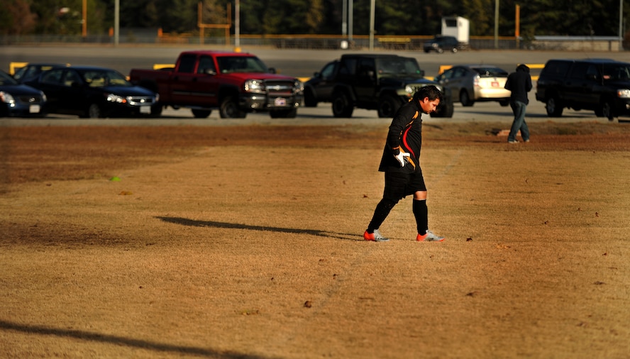 VALDOSTA, Ga.-- Francisco Ramirez, goalie for a Quitman, Ga. soccer team, walks away from the goal after a member from Moody Air Force Base, Ga. scored a goal during a soccer match Dec. 12. The Moody team started the game off with a quick score and was determined to keep the game at a fast pace. (U.S. Air Force photo/Airman 1st Class Joshua Green)(RELEASED)
