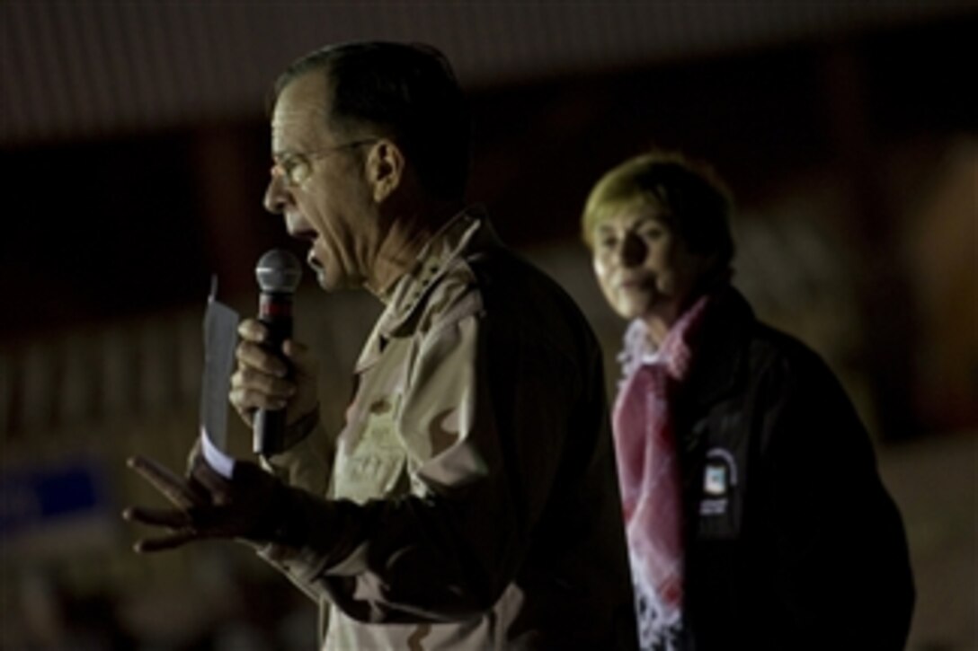 Chairman of the Joint Chiefs of Staff Adm. Mike Mullen, U.S. Navy, addresses service members assigned to Camp Victory, Iraq, on Dec.13, 2010.  Mullen and his wife Deborah are hosting a holiday USO tour with comedians Robin Williams, Lewis Black, Kathleen Madigan, country artist Kix Brooks and Tour de France champion Lance Armstrong touring the Central Command area of responsibility.  