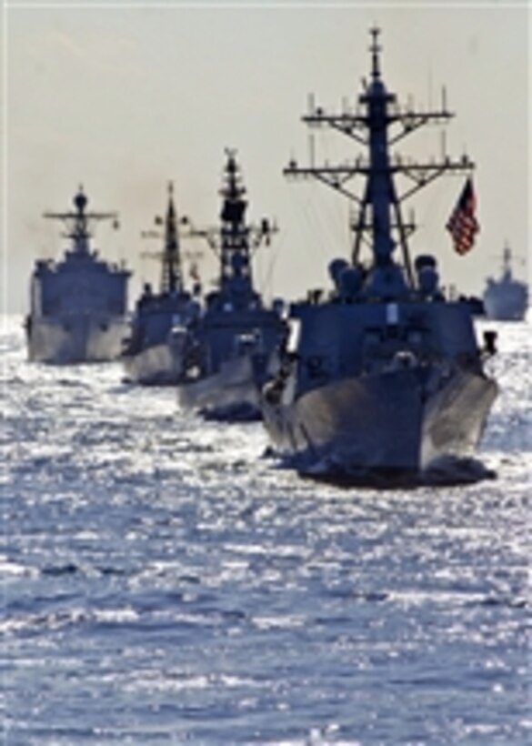 U.S. Navy and Japan Maritime Self-Defense Force ships are underway in formation during Keen Sword 2011 in the Philippine Sea on Dec. 10, 2010.  Keen Sword is a bilateral exercise designed to strengthen maritime capabilities between the U.S. and Japan.  