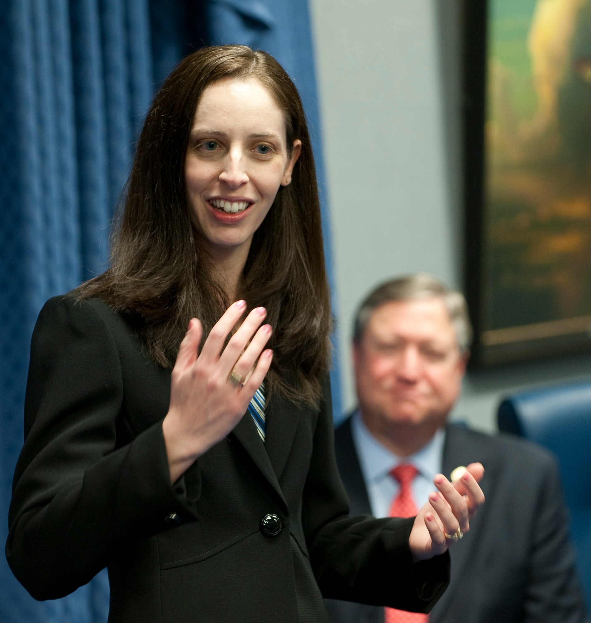Dr. Candace Lynch gives her remarks after she was presented the 2010 Harold Brown Award by Secretary of the Air Force Michael Donley during a ceremony in the Pentagon Dec. 15, 2010. The award was named for Harold Brown, a physicist who served as secretary of the Air Force from 1965 to1969. Dr. Lynch is the first female recipient of the award since its inception in 1969. (U.S. Air Force photo/Jim Varhegyi)