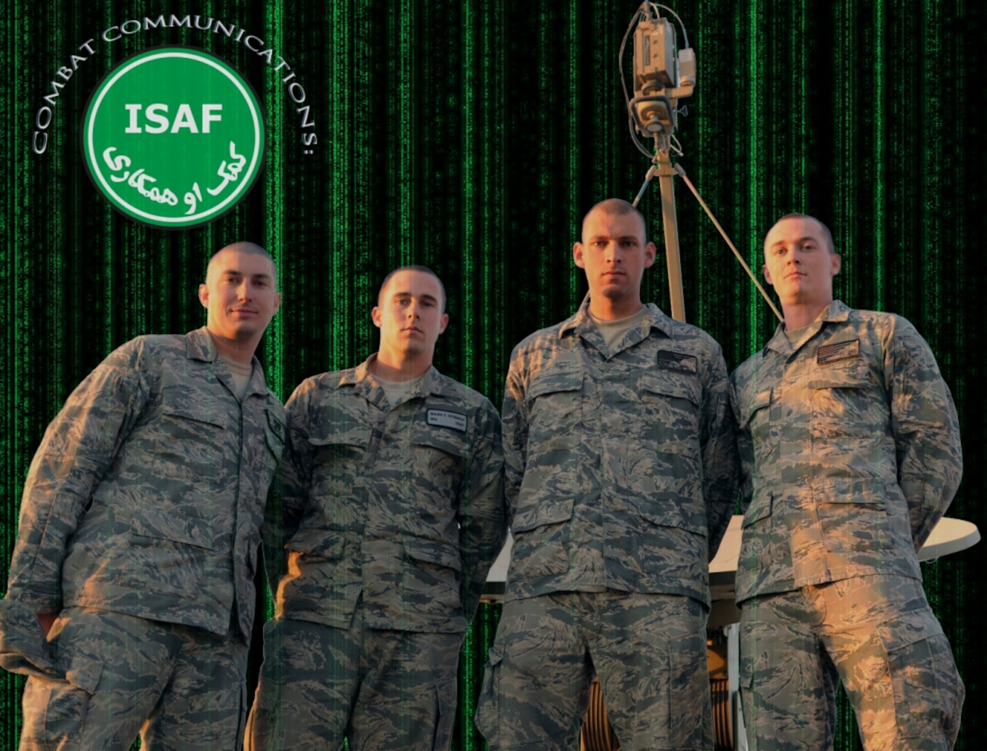 Staff Sgt. Matthew Hass, Senior Airman Shawn Peterman, Staff Sgt. Joseph Perry and Airman 1st Class Neil Langgaard pose near a satellite Dec. 13, 2010, at Camp Arena, Afghanistan. The Airmen are part of a team of five communications Airmen responsible for all communication operations at U.S. Forces-Afghanistan Detachment-West. The (U.S. Air Force photo illustration/Tech. Sgt. Kevin Wallace)