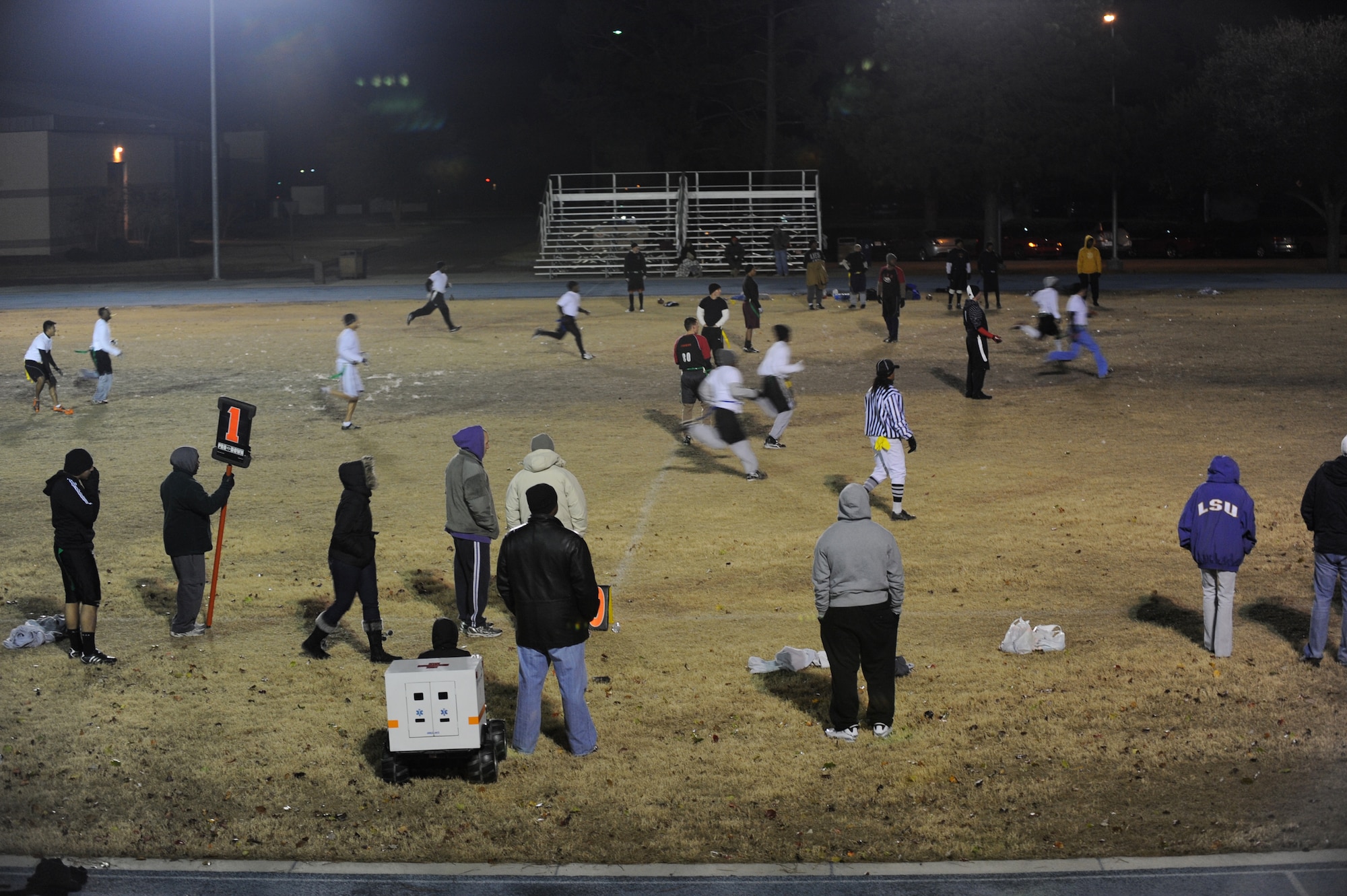 MOODY AIR FORCE BASE, Ga. -- The 23rd Operational Support Squadron returns a kickoff from the 23rd Medical Group during the championship flag football game Dec. 13. The game started off looking good for the 23rd OSS because they were the first to score. (U.S. Air Force photo/Airman 1st Class Douglas Ellis)(RELEASED)