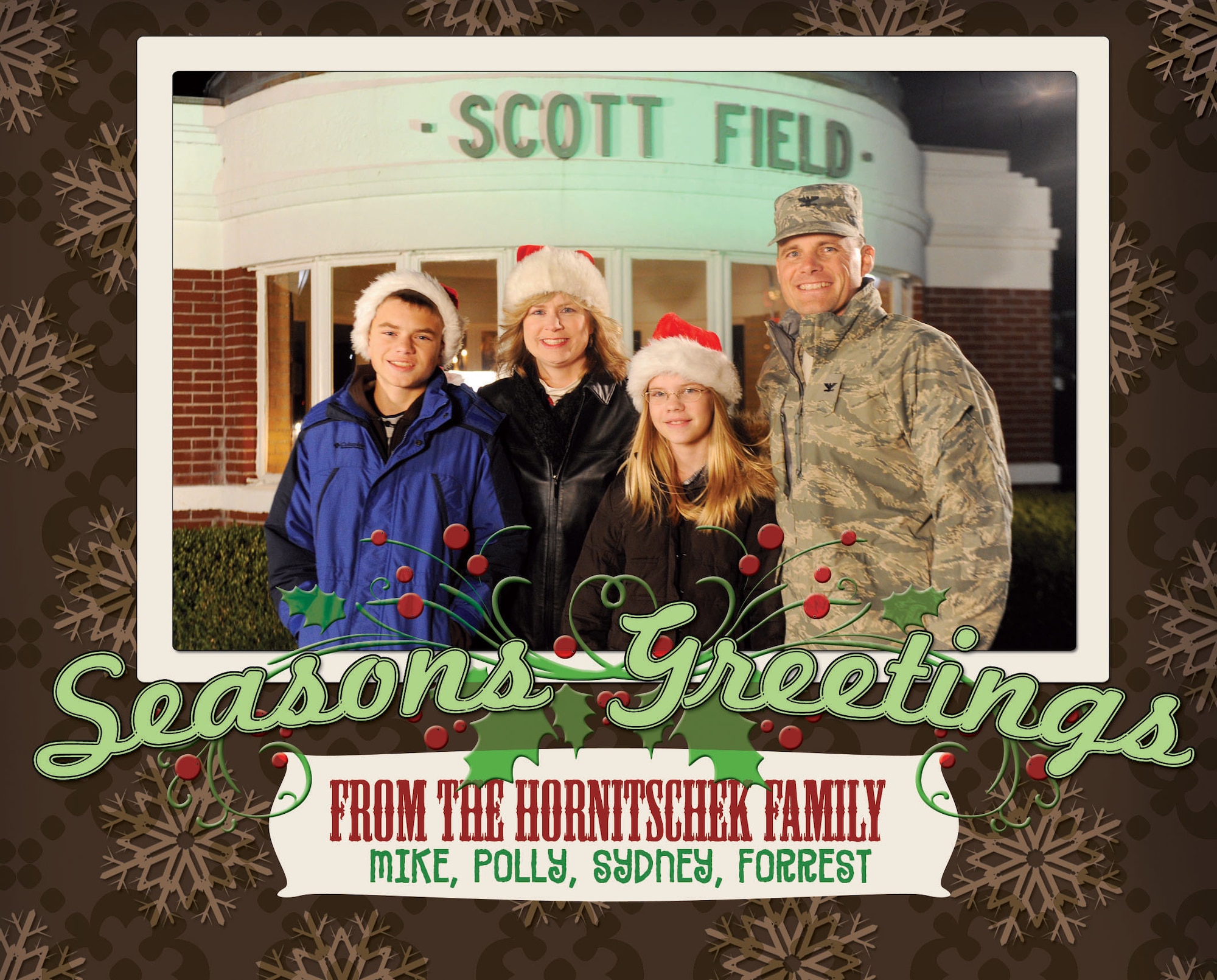 SCOTT AIR FORCE BASE, Ill. -- Hoilday Greetings from the 375th Air Mobility Wing Commander and his family Polly, Sydney and Forrest. 