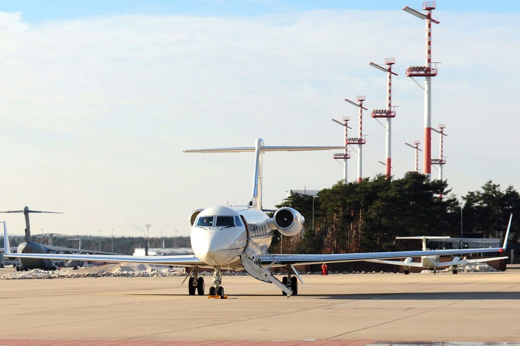 The first C-37A assigned to the 76th Airlift Squadron sits on the flightline, Dec. 13, 2010, at Ramstein Air Base, Germany. The aircraft was introduced to team Ramstein to increase the flying capabilities of the distinguished visitor mission. (U.S. Air Force photo/Airman 1st Class Brea Miller)
