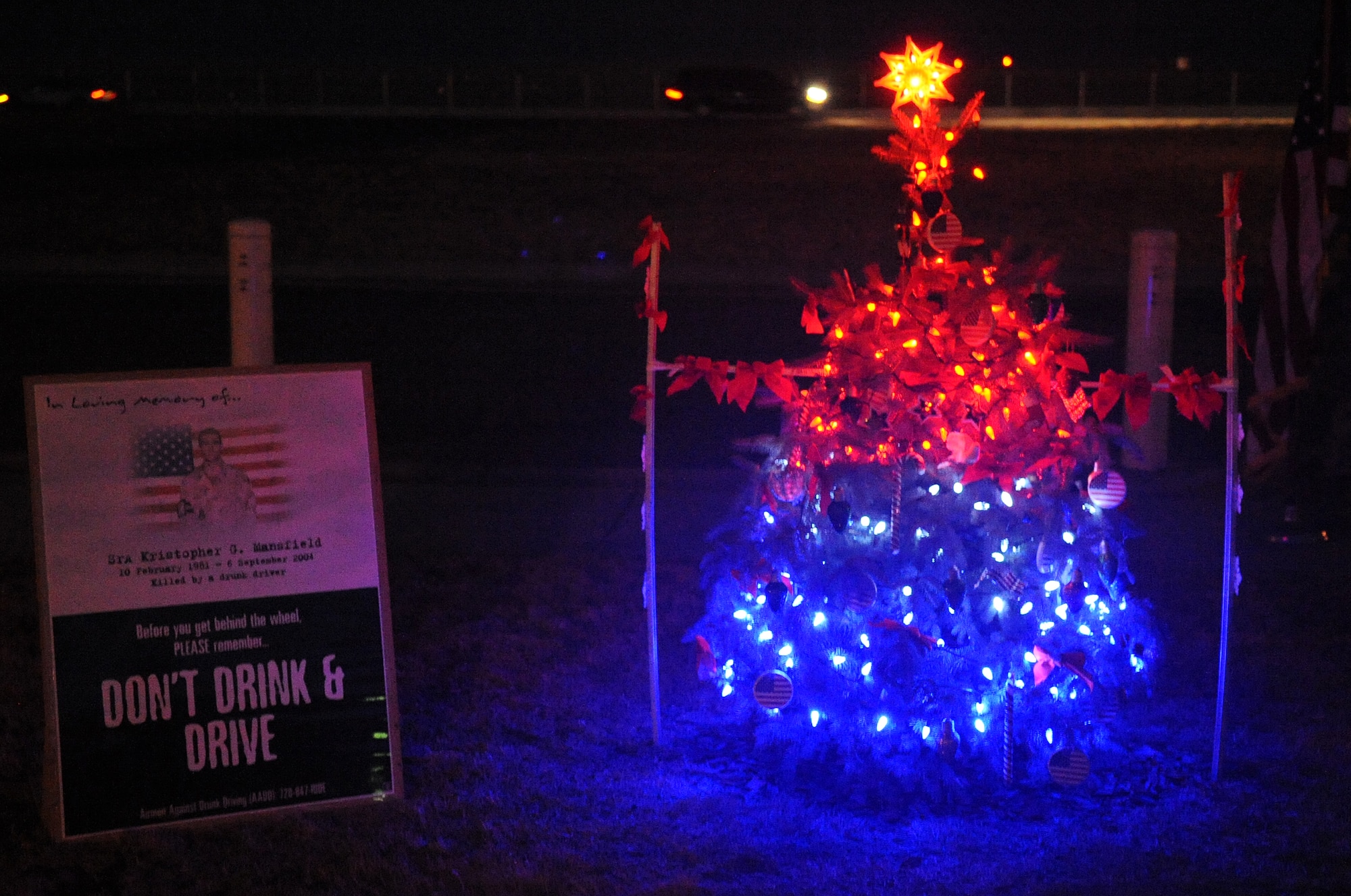 BUCKLEY AIR FORCE BASE, Colo.-- A Christmas tree is lit outside of the 460th Space Communications Squadron on Dec. 14, 2010 in honor of Senior Airman Kristopher Mansfield. Airman Mansfield was killed in 2004 by a drunk driver. (U.S. Air Force photo by Airman Manisha Vasquez) 