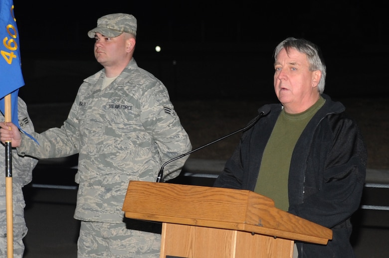 BUCKLEY AIR FORCE BASE, Colo.-- Craig Mansfield speaks about losing his son to a drunk driver at the Senior Airman Kristopher Mansfield  Annual Tree lighting, Dec. 14, 2010. Airman Mansfield was assigned to the 460th Space Communications Squadron. (U.S. Air Force photo by Airman Manisha Vasquez) 