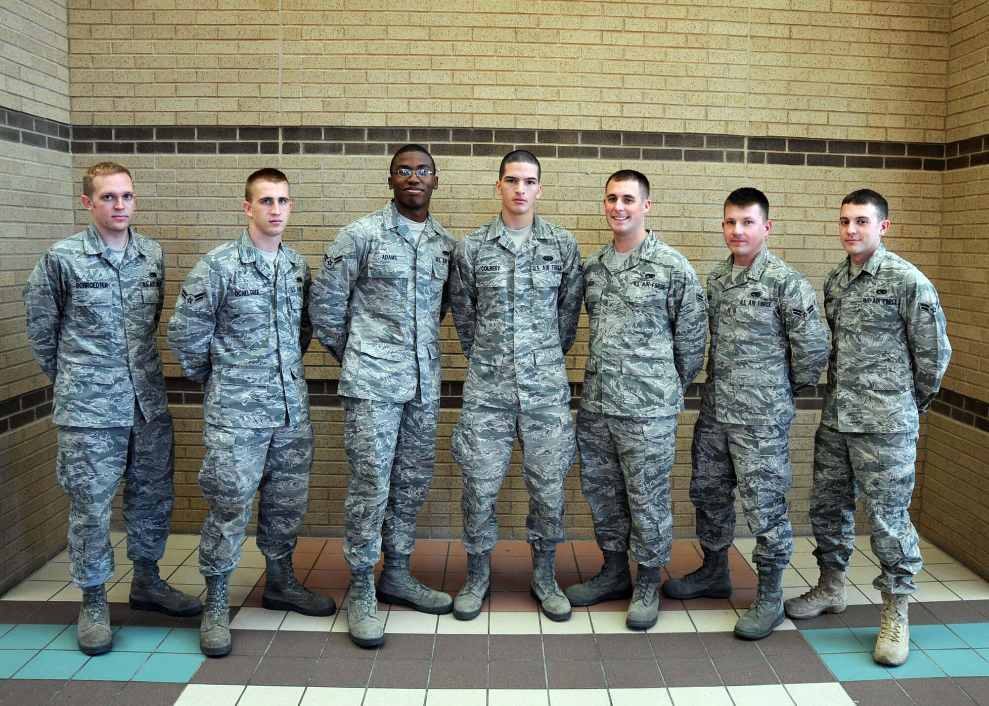 (Left to right) Congratulations to Team McConnell’s newest First Term Airman’s Center graduates who graduated Dec. 17, 2010, at McConnell Air Force Base, Kan. Congratulations to Airman Basic Corey Schroedter, Airmen 1st Class Andrew Ocheltree, Dean Adams, Adam Colbert, Eric Keen, Christian Parris and Gene Bradbury.  (U.S. Air Force photo/Staff Sgt. Dallas Edwards)