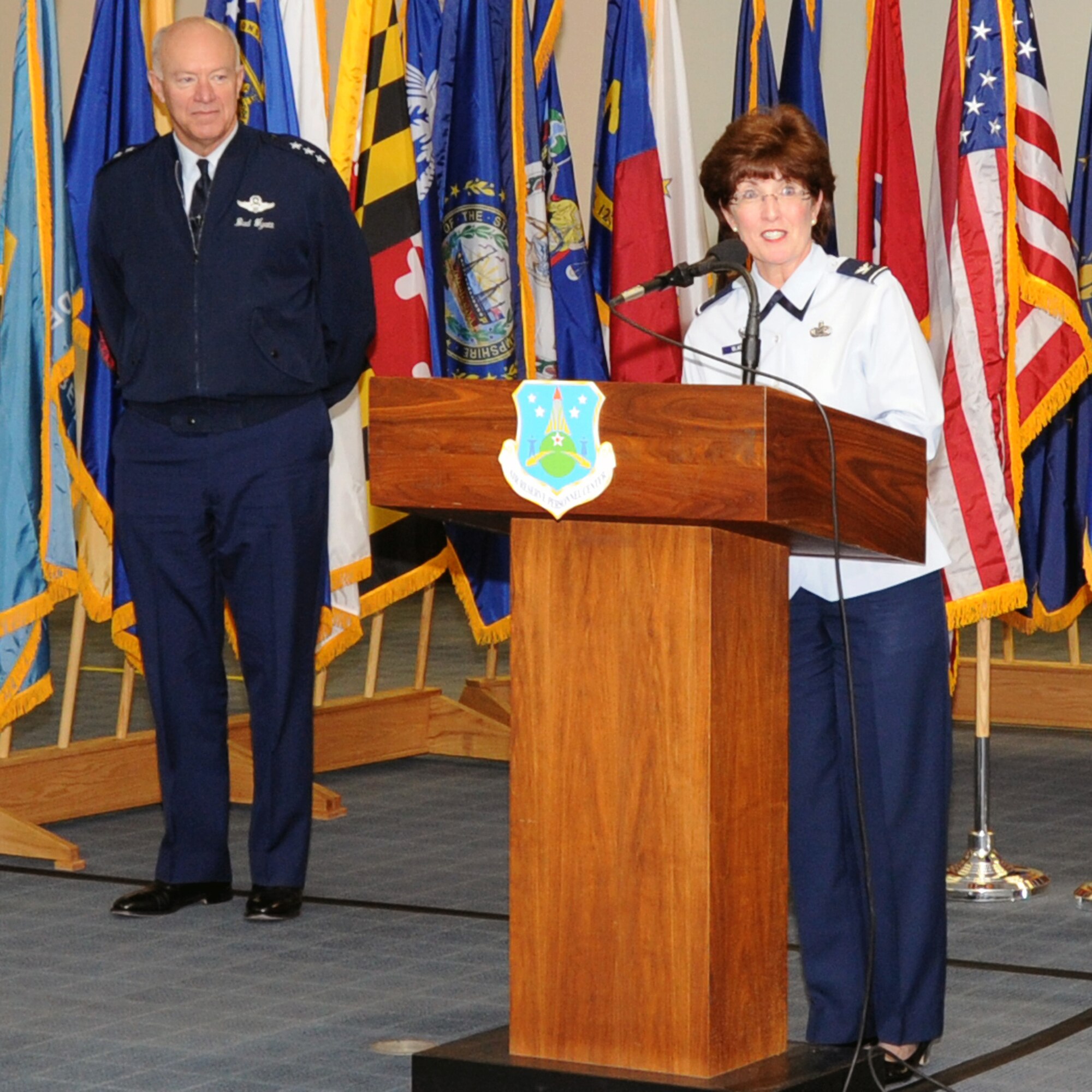 Col. Pat Blassie, Commander of the Air Reserve Personnel Center,  introduces Lt. Gen. Harry Wyatt, Director of the Air National Guard, at a town hall meeting held in Denver today. General Wyatt stressed the importance of ARPC to the total force and expressed his appreciation for ARPC's focus on exemplary customer service to our Citizen Airmen.