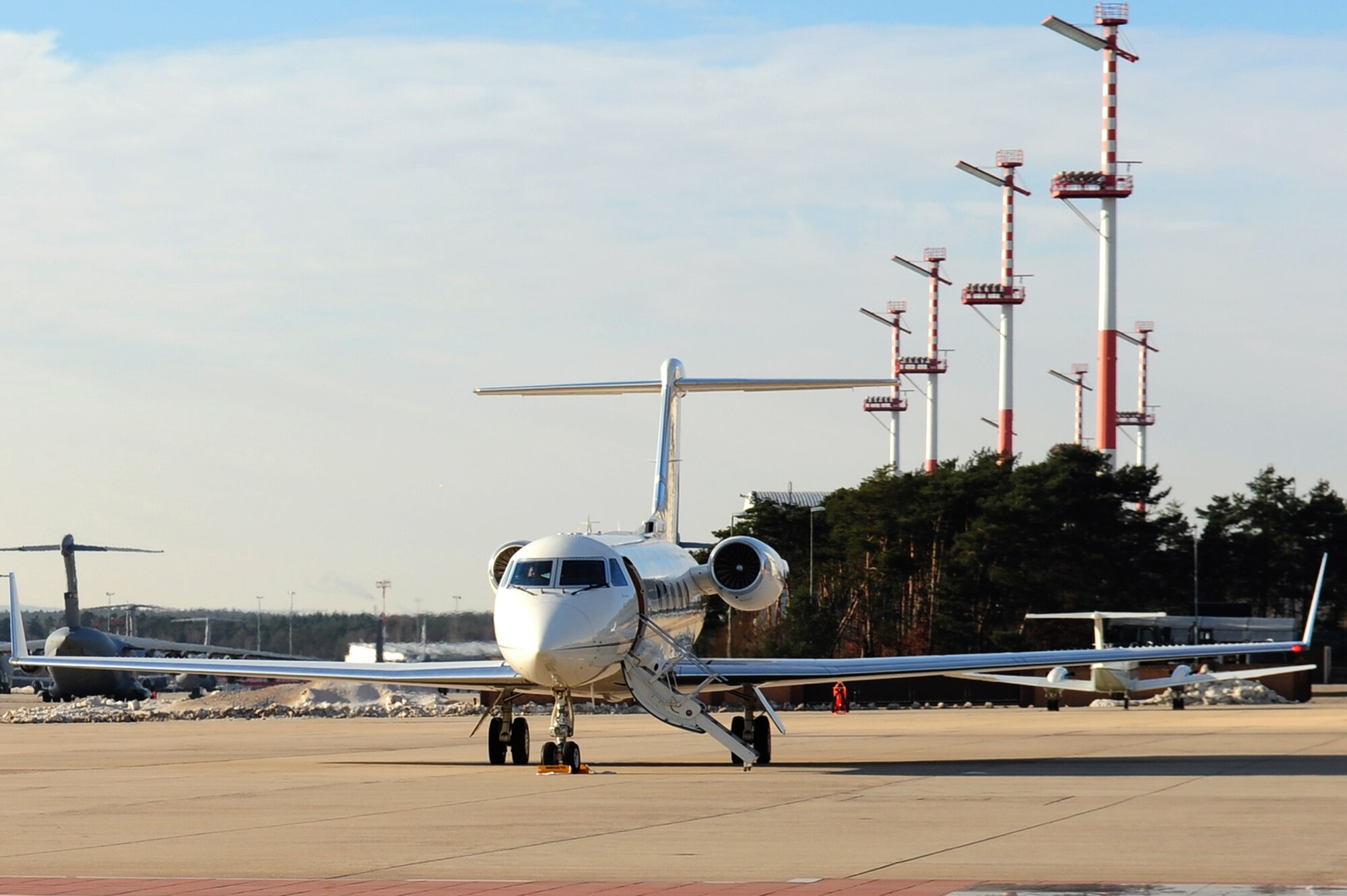 The first C-37A stationed on Ramstein Air Base, Germany sits on the flightline, Dec. 13, 2010. The aircraft was introduced to team Ramstein to increase the flying capabilities of the distinguished visitor mission. (U.S. Air Force photo by Airman 1st Class Brea Miller)