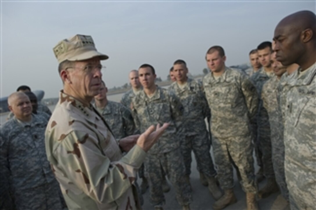Chairman of the Joint Chiefs of Staff Adm. Mike Mullen, U.S. Navy, addresses soldiers assigned to 1st Battalion, 52nd Aviation Regiment at Chaklala Air Base in Islamabad, Pakistan, on Dec.15, 2010.  The aviation unit is returning to Alaska after completing a five-month tour in support of the humanitarian relief effort to flood-stricken Pakistan.  