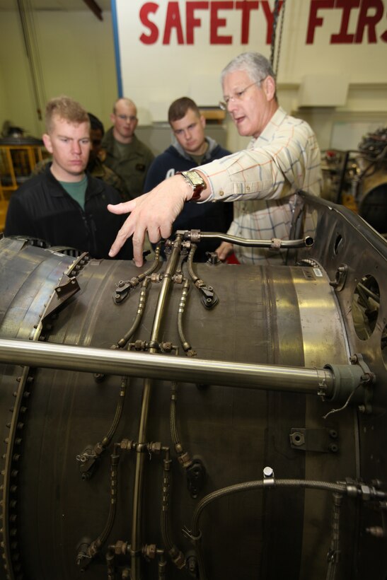 Ronald Carlton quizzes of his students during the final day of the 2-week F402 intermediate engine course, Dec. 16. The course is one of a handful that the Rolls-Royce Cherry Point detachment offers to Marines aboard Cherry Point.