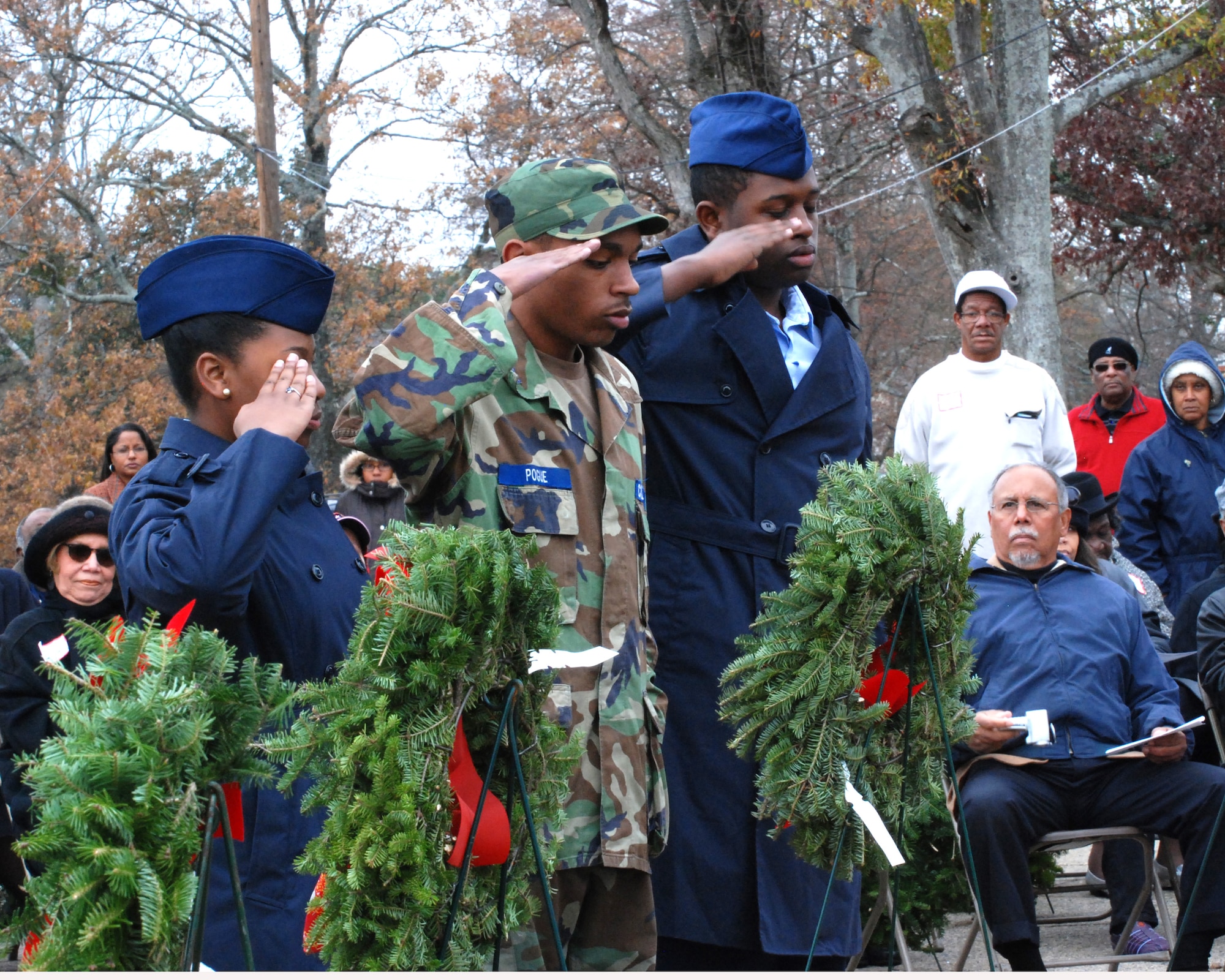 Civil Air Patrol cadets of the Fulton Composite Squadron render a salute after presenting a ceremonial wreath during the Wreaths Across America ceremony Dec. 11.  (U.S. Air Force photo/Master Sgt. Stan Coleman) 
