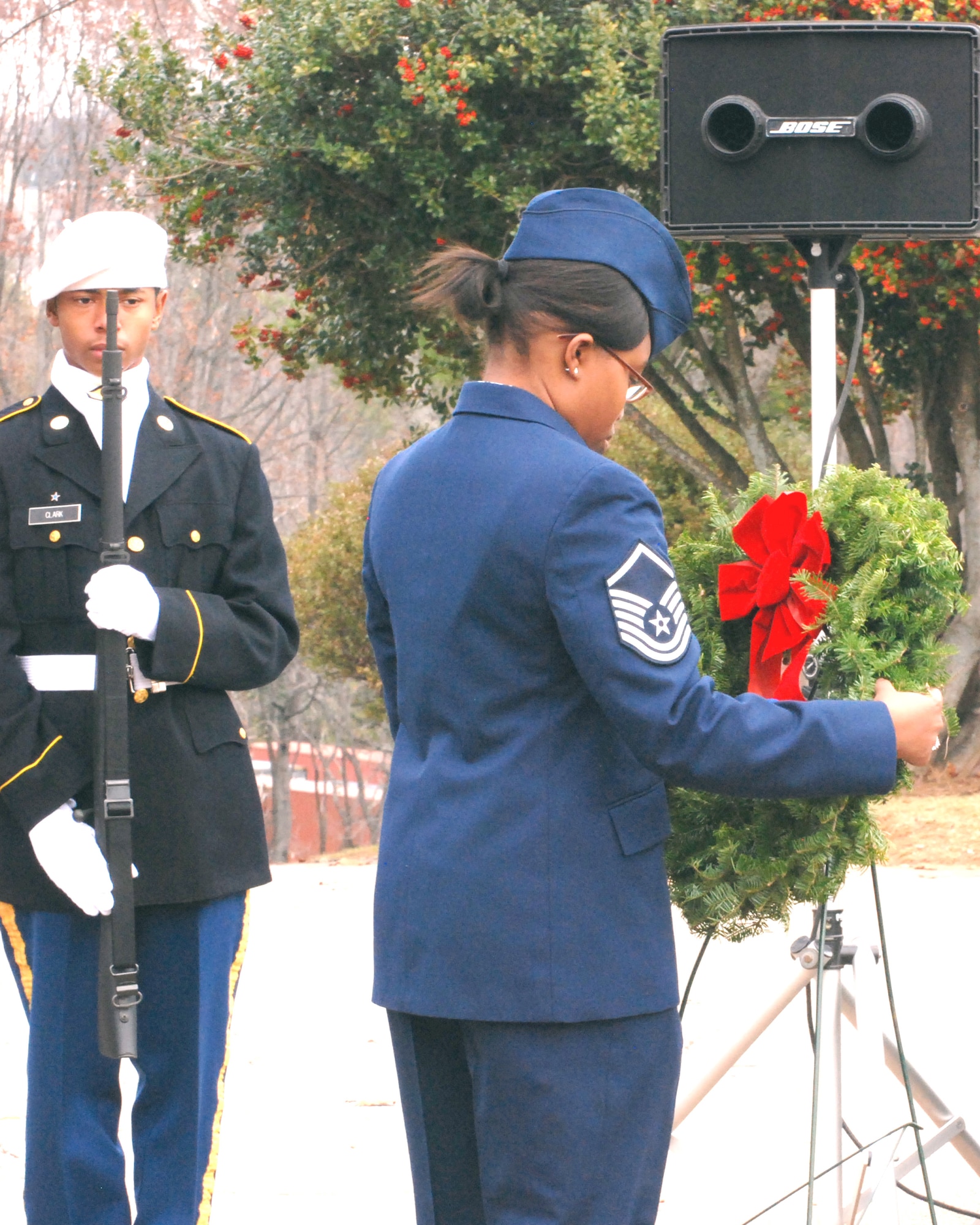 Master Sgt. Tracy Bridges, 94th Operations Support Squadron intelligence applications NCO, presented a ceremonial wreath that represented the service of Air Force veterans Dec. 11.  Army JROTC cadets from West Lake High School and the Fulton Composite Squadron of the Georgia Wing Civil Air Patrol also participated in the ceremony.  (U.S. Air Force photo/Master Sgt. Stan Coleman) 