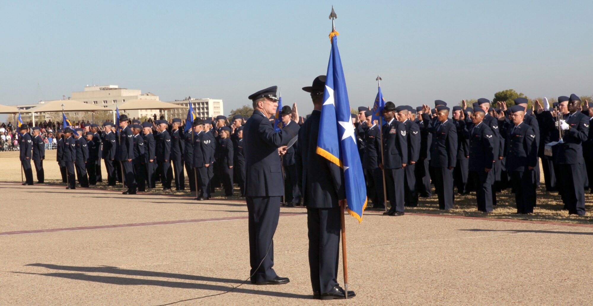 Lt. Gen. Frank Klotz acted as reviewing official for a Basic Military Training graduation parade in the same setting as 42 years ago when he became an Airman.  Six hundred forty new Airmen received their oath from General Klotz Dec. 3 at Lackland Air Force Base, Texas.
